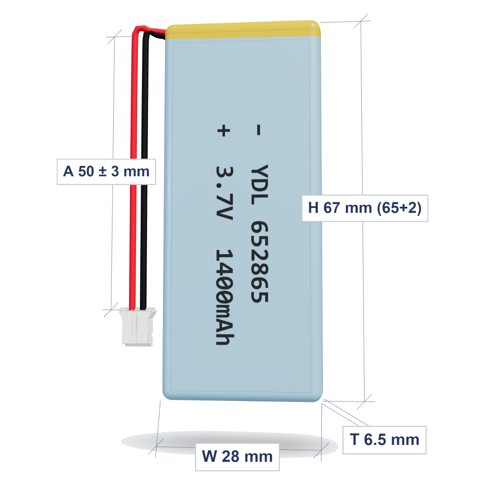 YDL 652865 1400mAh 3.7V lithium polymer battery 6.5x28x67mm with PH2.0 connector and 50mm 26AWG wire, dimensioned 3D view