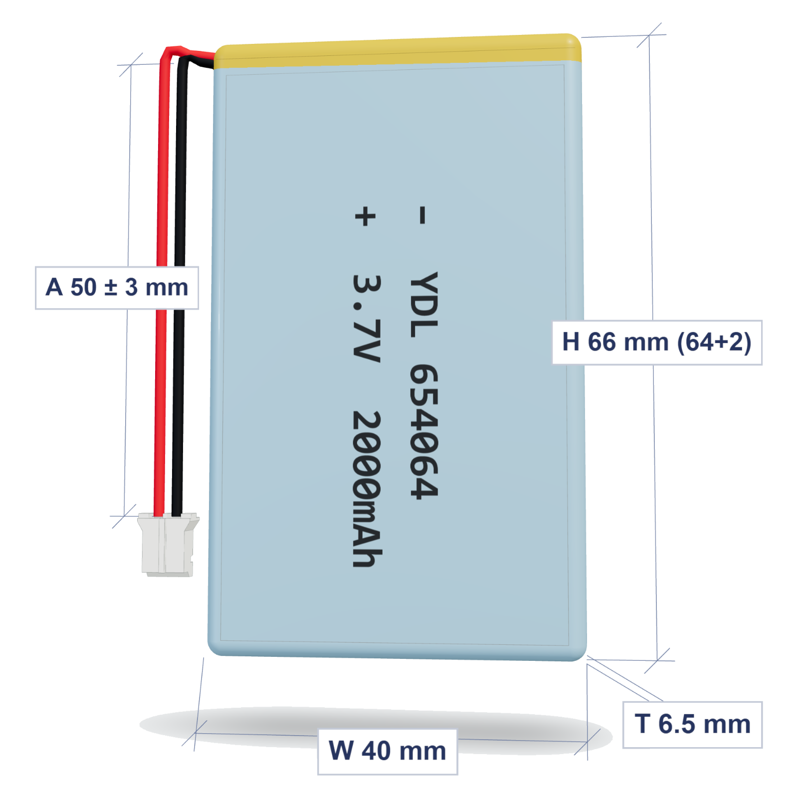 YDL 654064 2000mAh dimensions 6.5x40x66mm, 50mm 26AWG leads