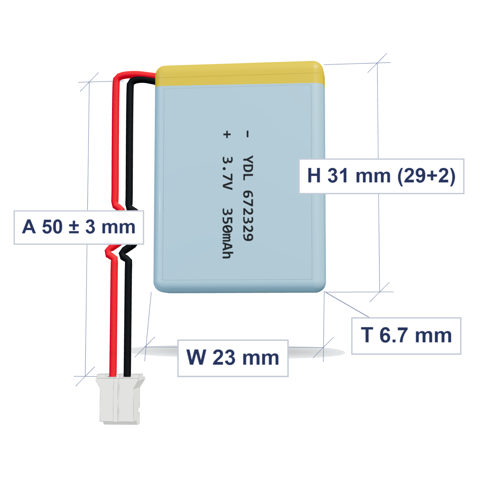 YDL 672329 350mAh dimensions 6.7x23x31mm, 50mm 28AWG leads