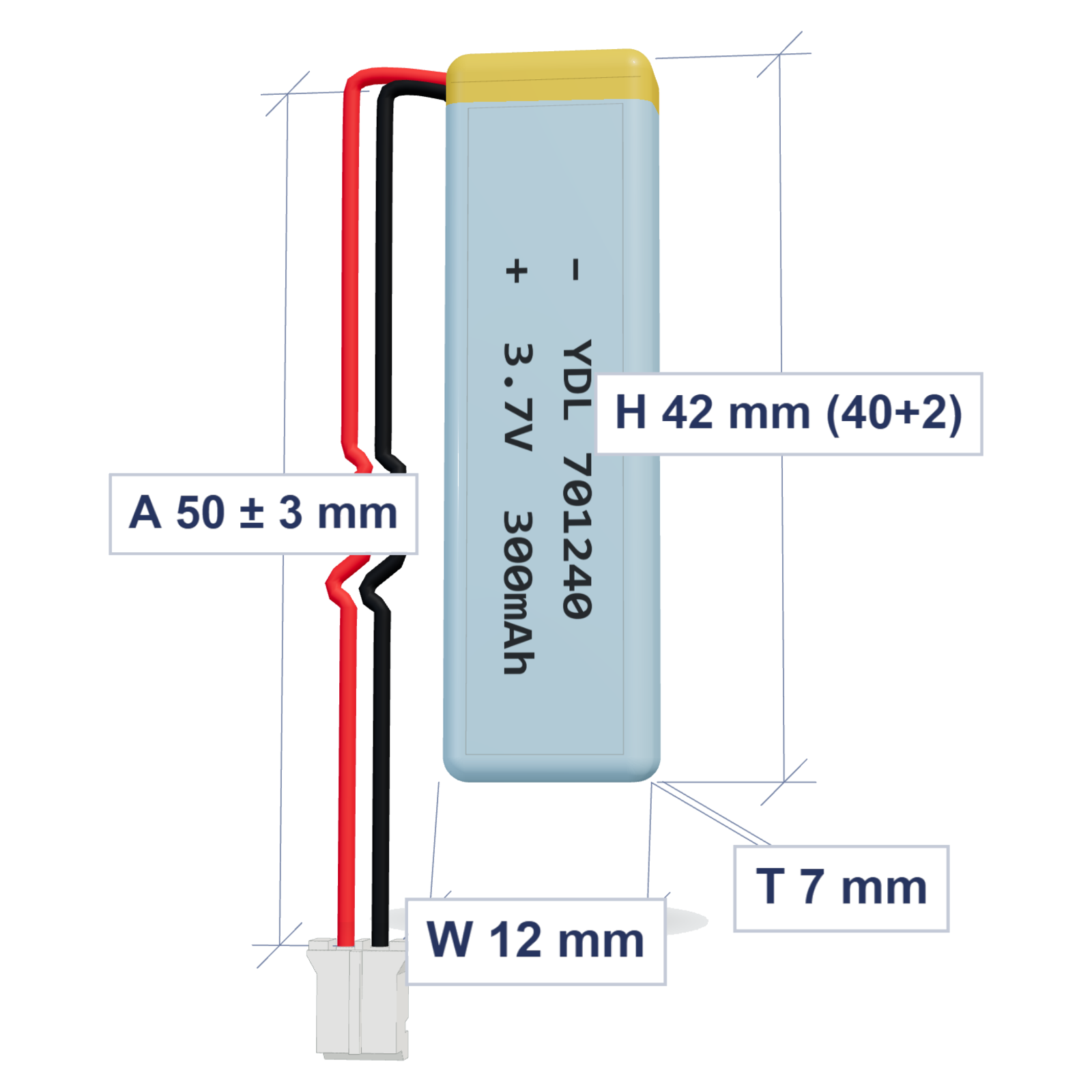 YDL 701240 300mAh 3.7V LiPo battery, 7x12x42mm, PH2.0 connector, 50mm 28AWG leads