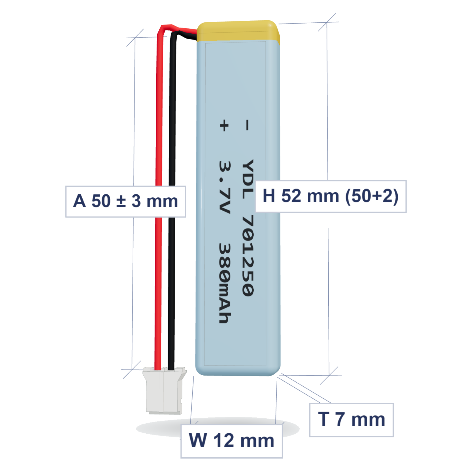 YDL 701250 380mAh 3.7V LiPo battery, 7x12x52mm, PH2.0 connector, 50mm 28AWG leads