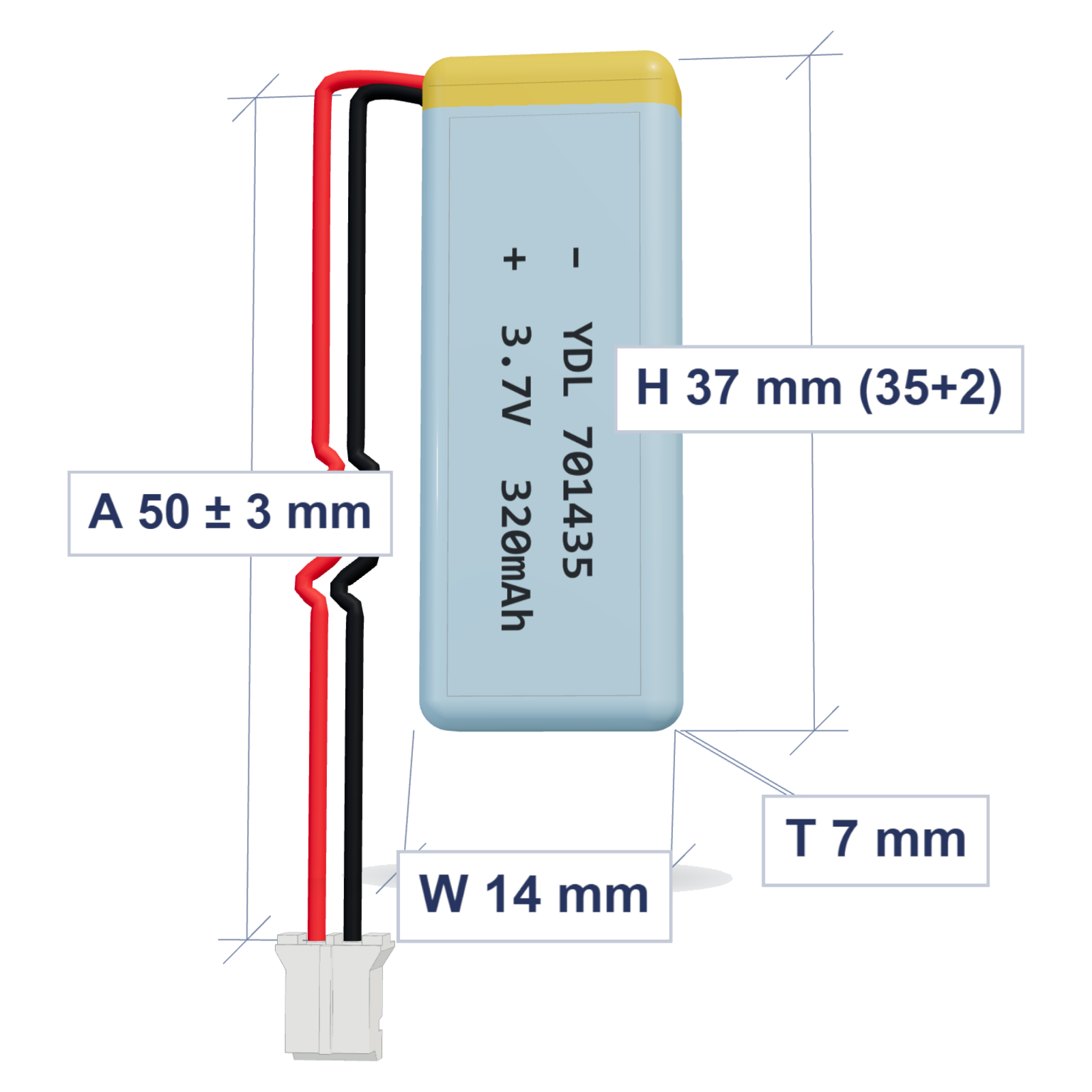 YDL 701435 320mAh 3.7V LiPo battery, 7x14x37mm, PH2.0 connector, 50mm 28AWG leads