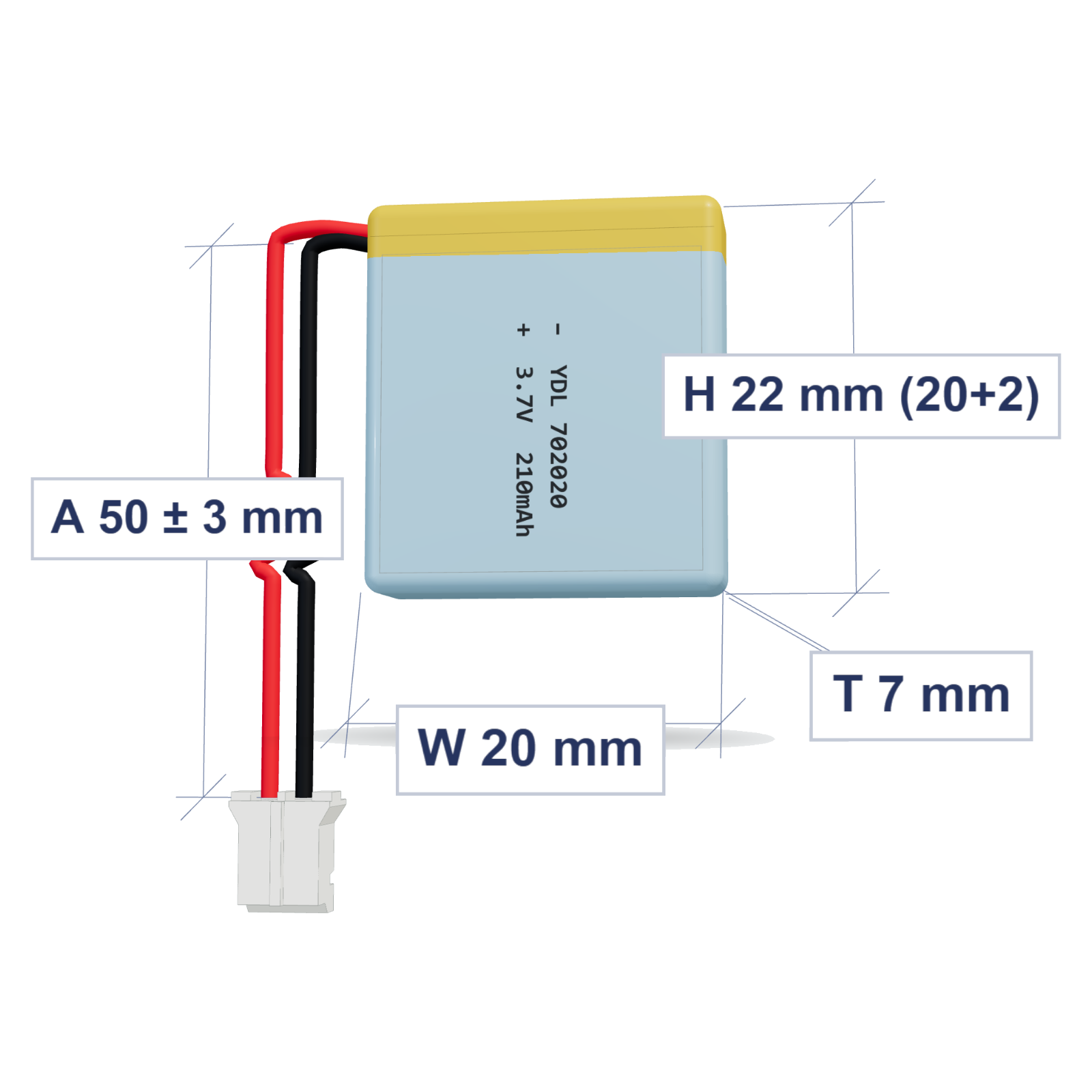 YDL 702020 210mAh 3.7V LiPo battery, 7x20x22mm, PH2.0 connector, 50mm 28AWG leads