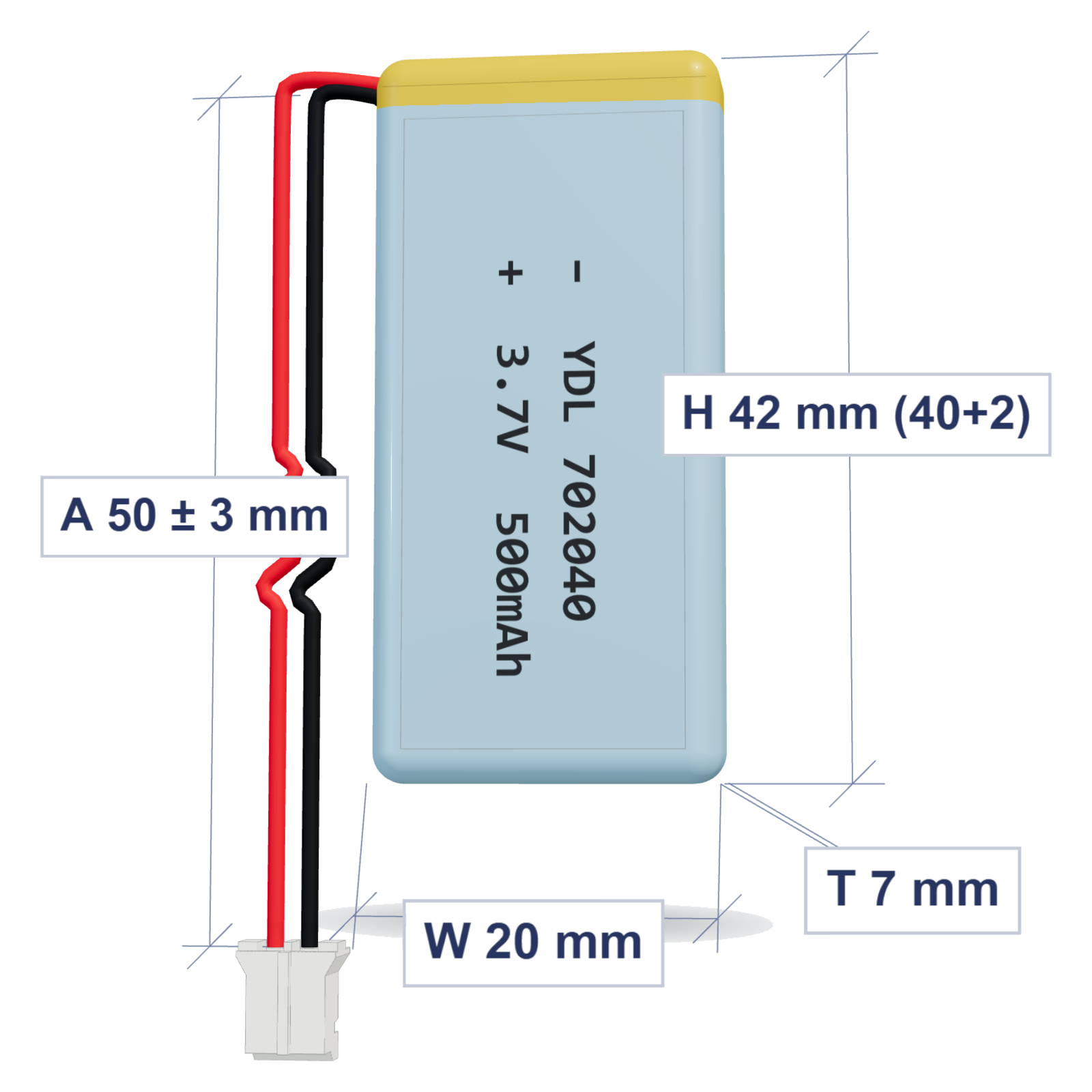 YDL 702040 500mAh 3.7V LiPo battery, 7x20x42mm, PH2.0 connector, 50mm 28AWG leads