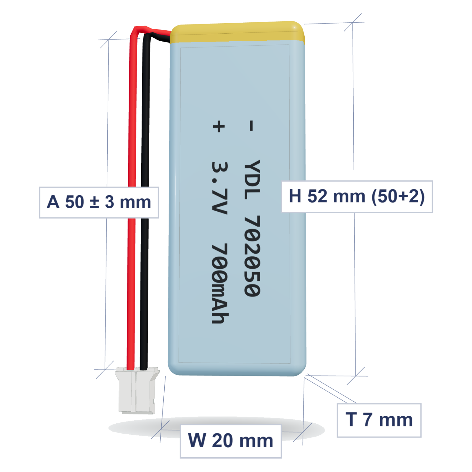 YDL 702050 700mAh dimensions 7x20x52mm, 50mm 26AWG leads