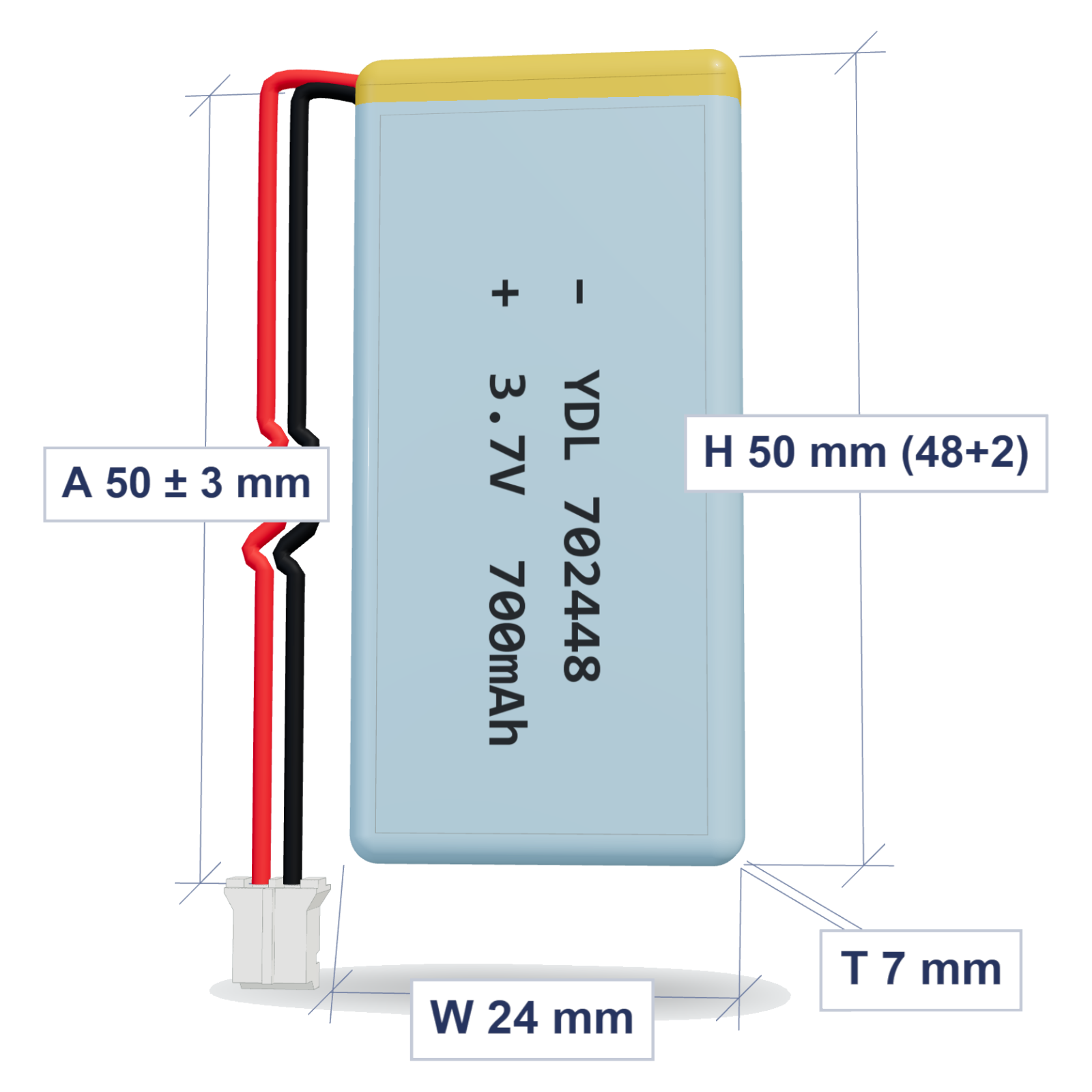 YDL 702448 700mAh dimensions 7x24x50mm, 50mm 26AWG leads