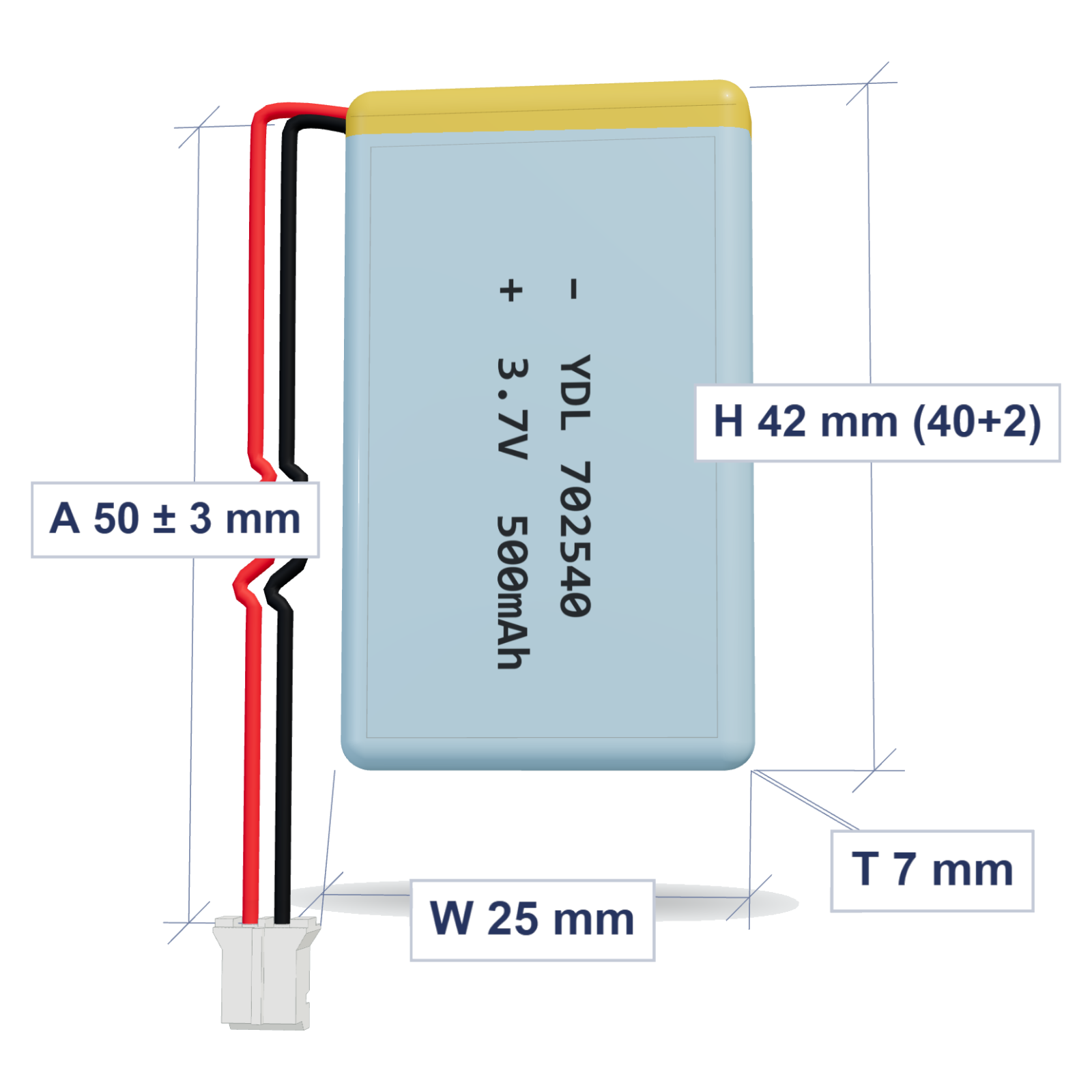 YDL 702540 500mAh dimensions 7x25x42mm, 50mm 28AWG leads