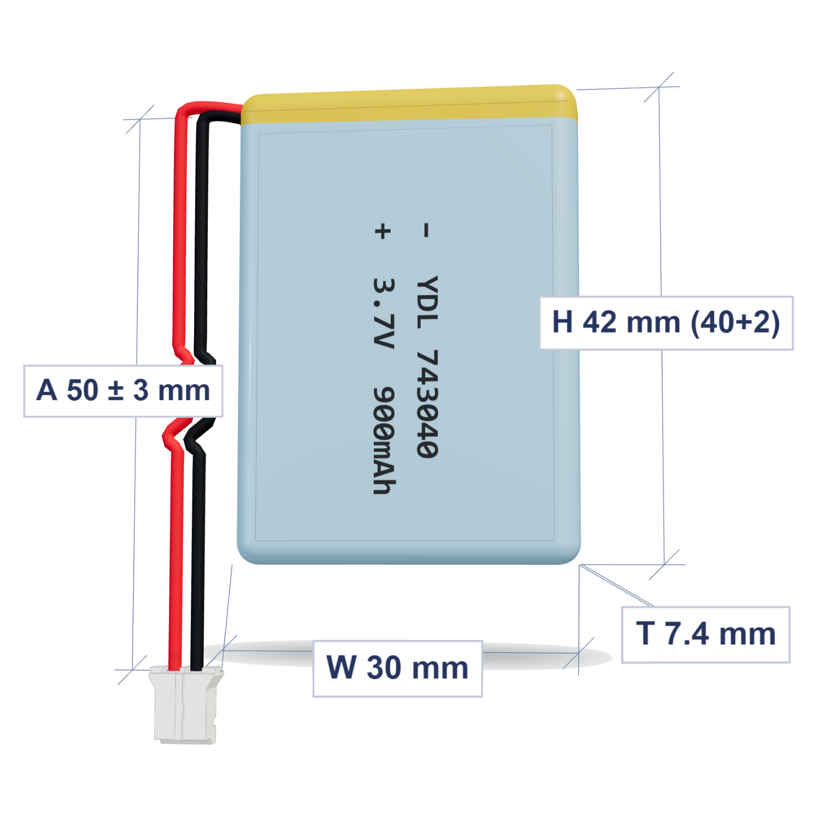 YDL 743040 900mAh dimensions 7.4x30x42mm, 50mm 26AWG leads