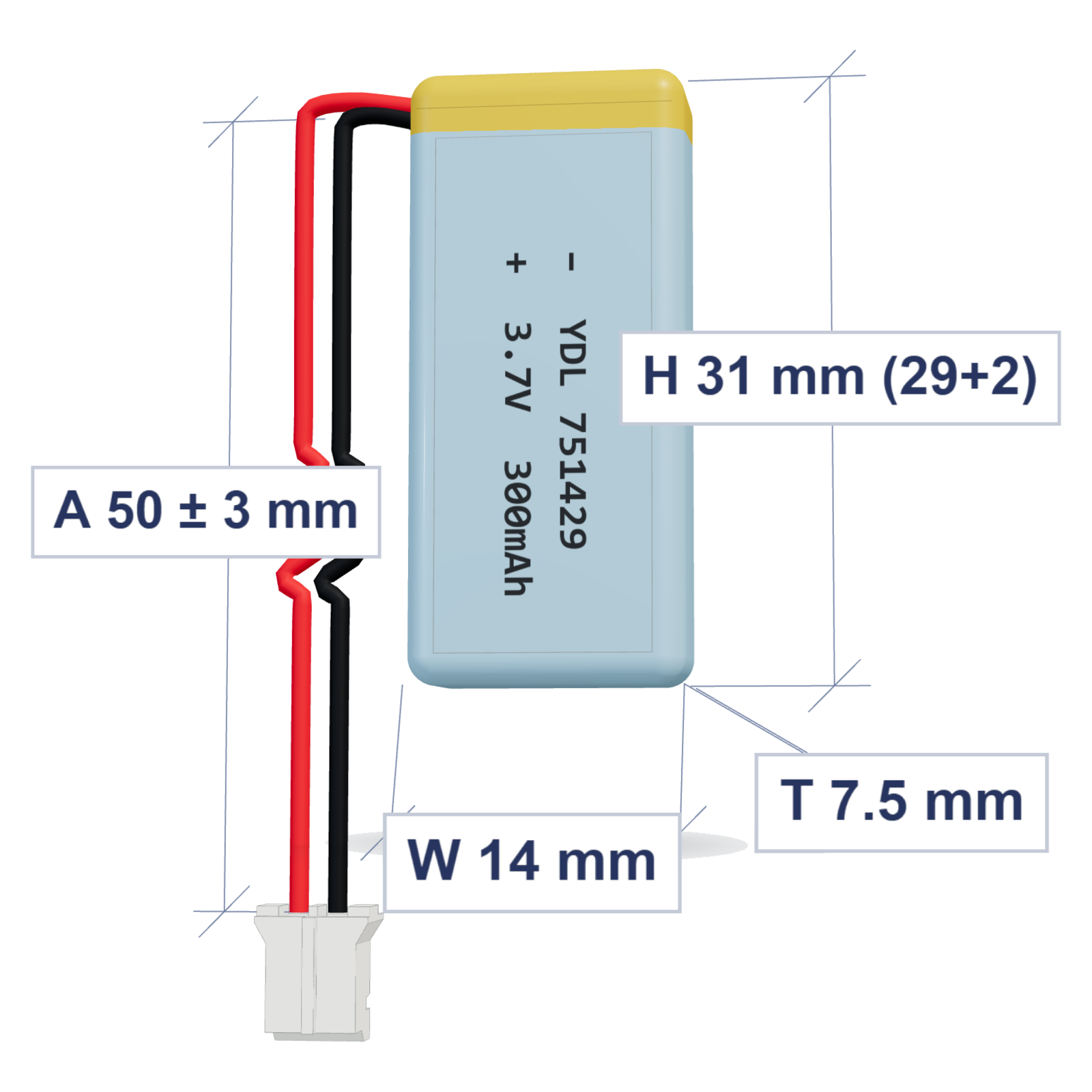 YDL 751429 300mAh 3.7V LiPo battery, 7.5x14x31mm, PH2.0 connector, 50mm 28AWG leads
