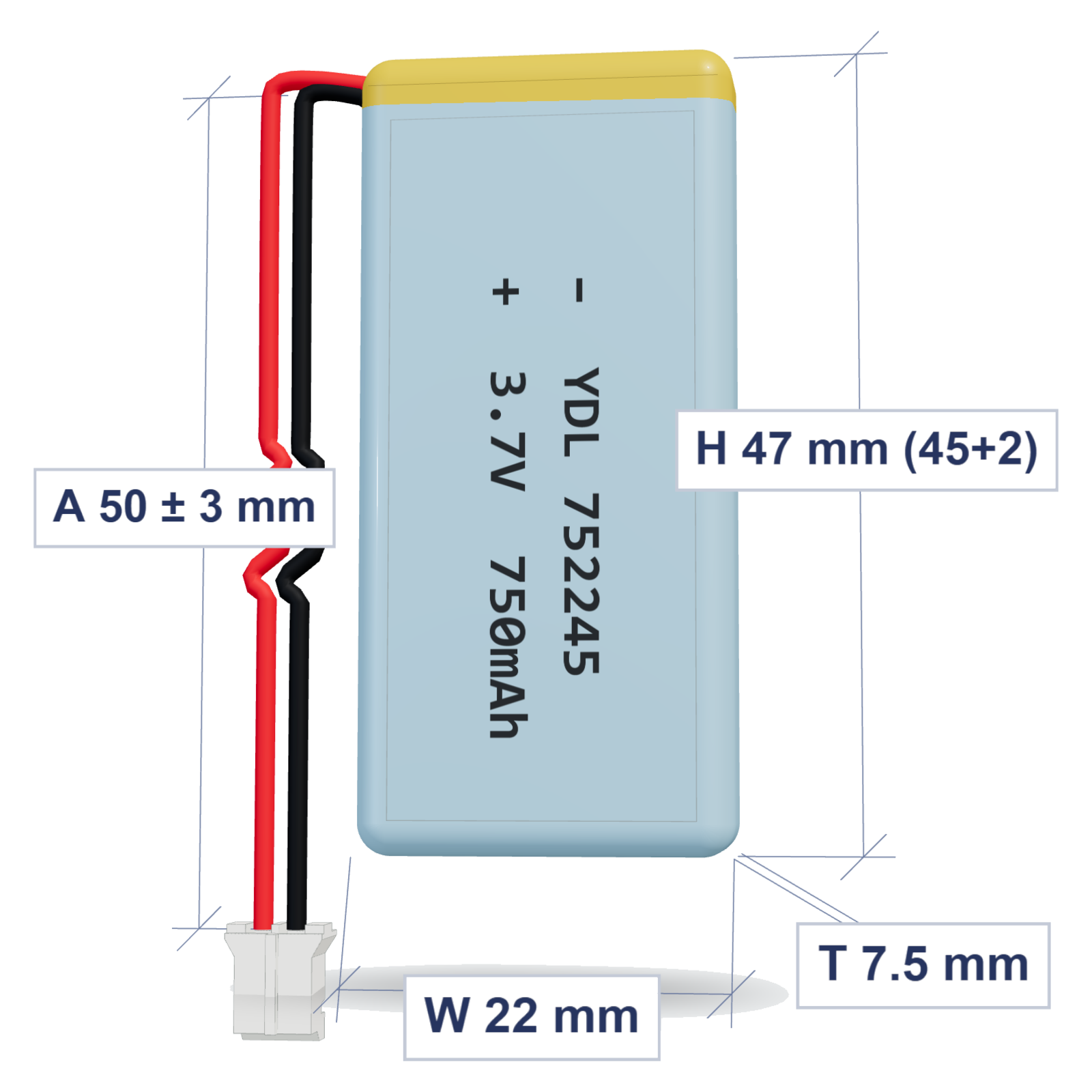 YDL 752245 750mAh dimensions 7.5x22x47mm, 50mm 26AWG leads