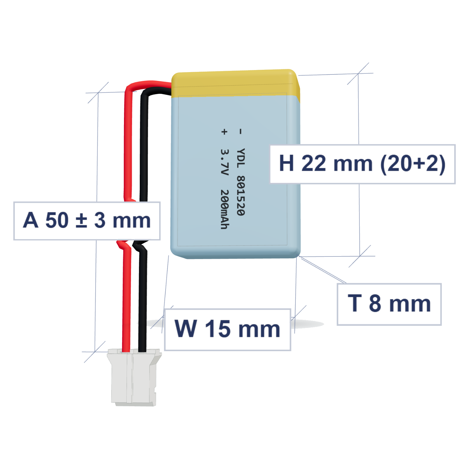 YDL 801520 200mAh 3.7V LiPo battery, 8x15x22mm, PH2.0 connector, 50mm 28AWG leads