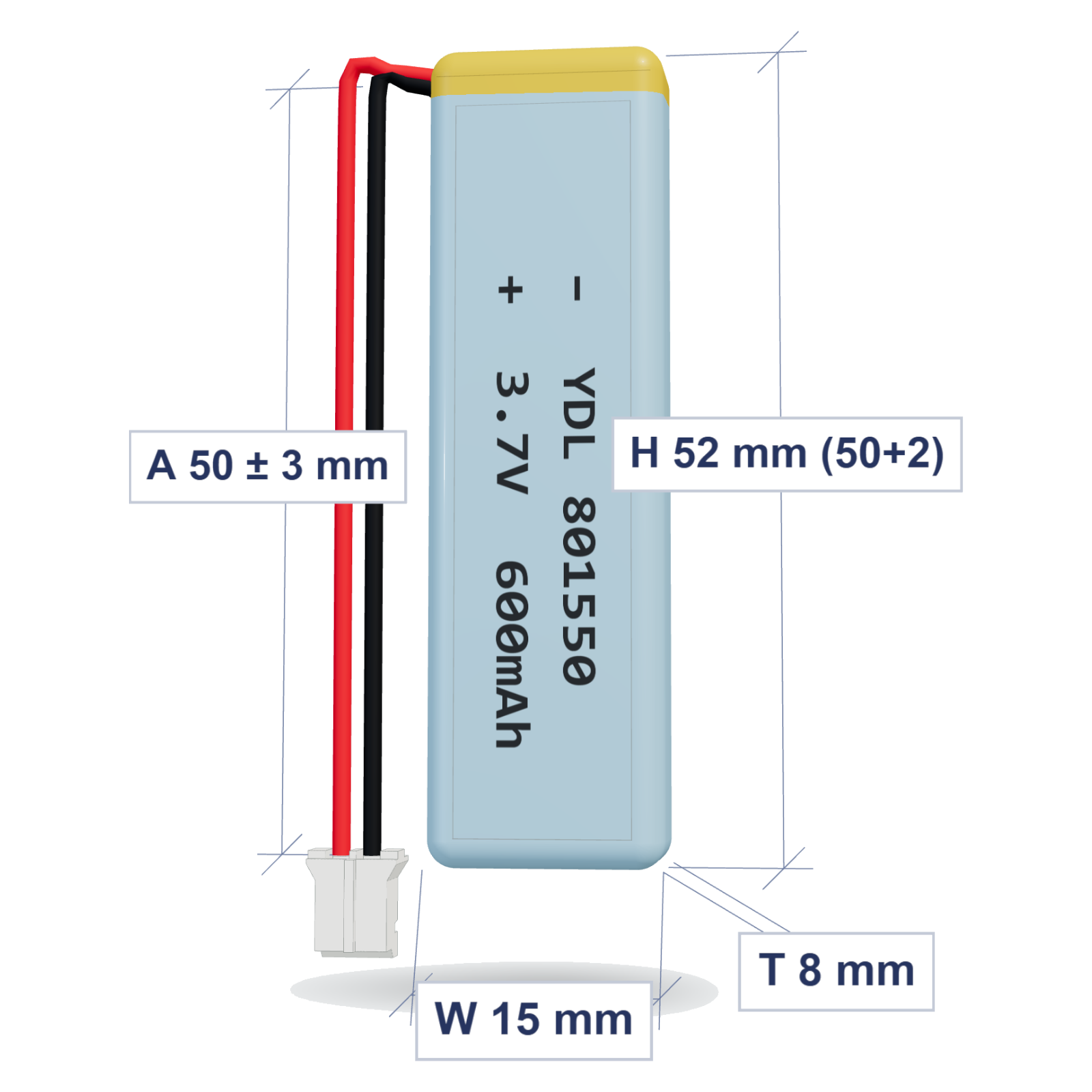 YDL 801550 600mAh 3.7V LiPo battery, 8x15x52mm, PH2.0 connector, 50mm 26AWG leads