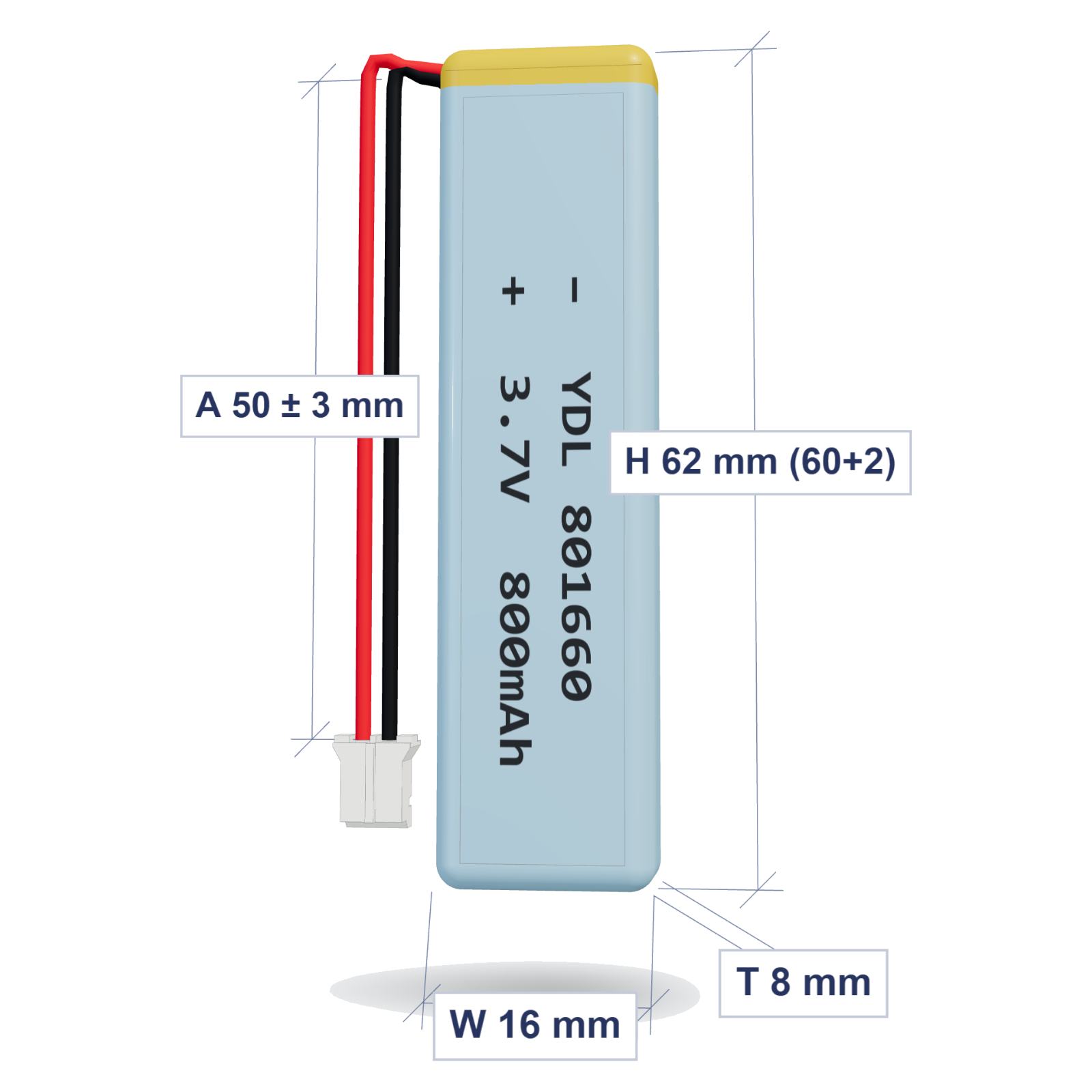 YDL 801660 800mAh 3.7V LiPo battery, 8x16x62mm, PH2.0 connector, 50mm 26AWG leads