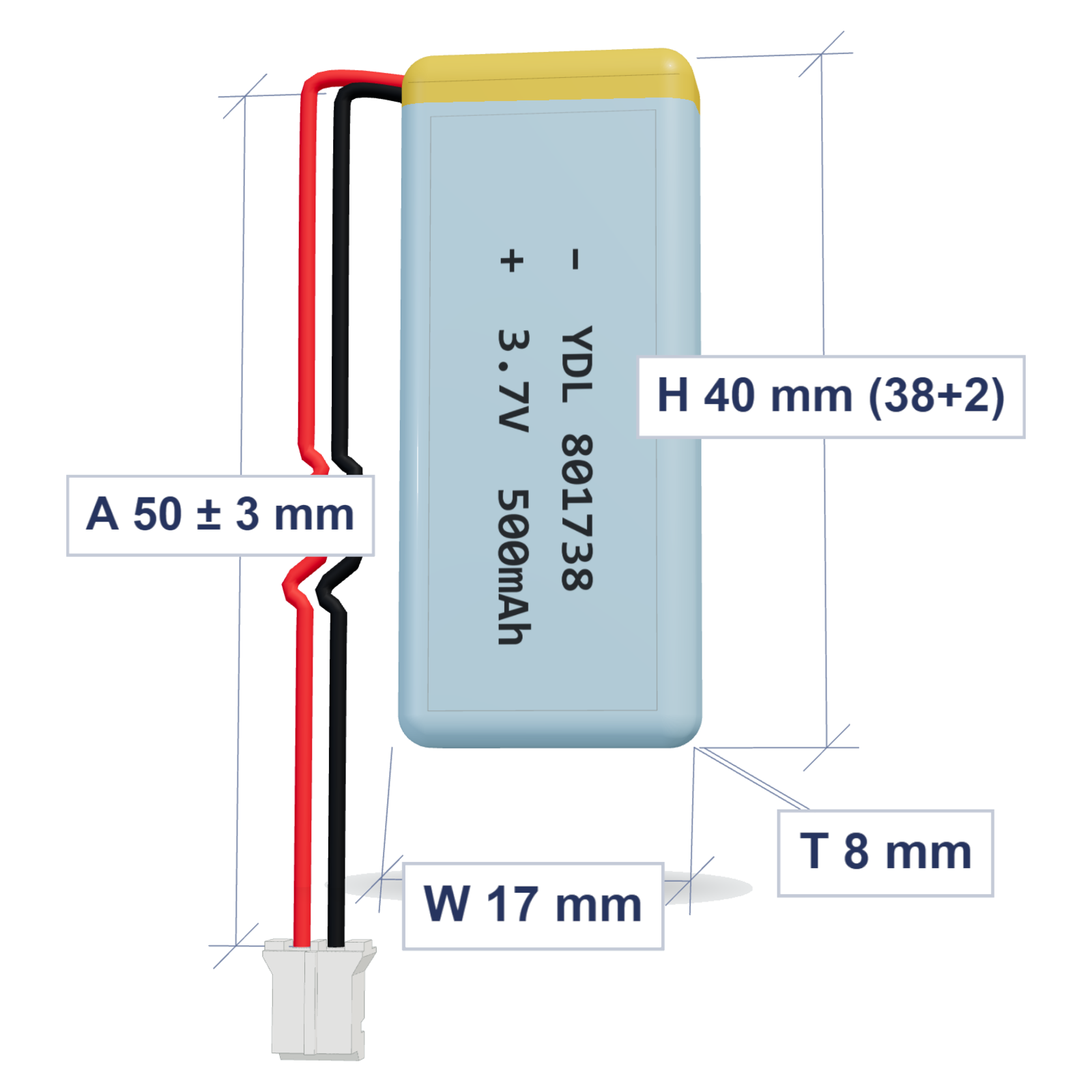 YDL 801738 500mAh 3.7V lithium polymer battery 8x17x40mm with PH2.0 connector and 50mm 28AWG wire, dimensioned 3D view