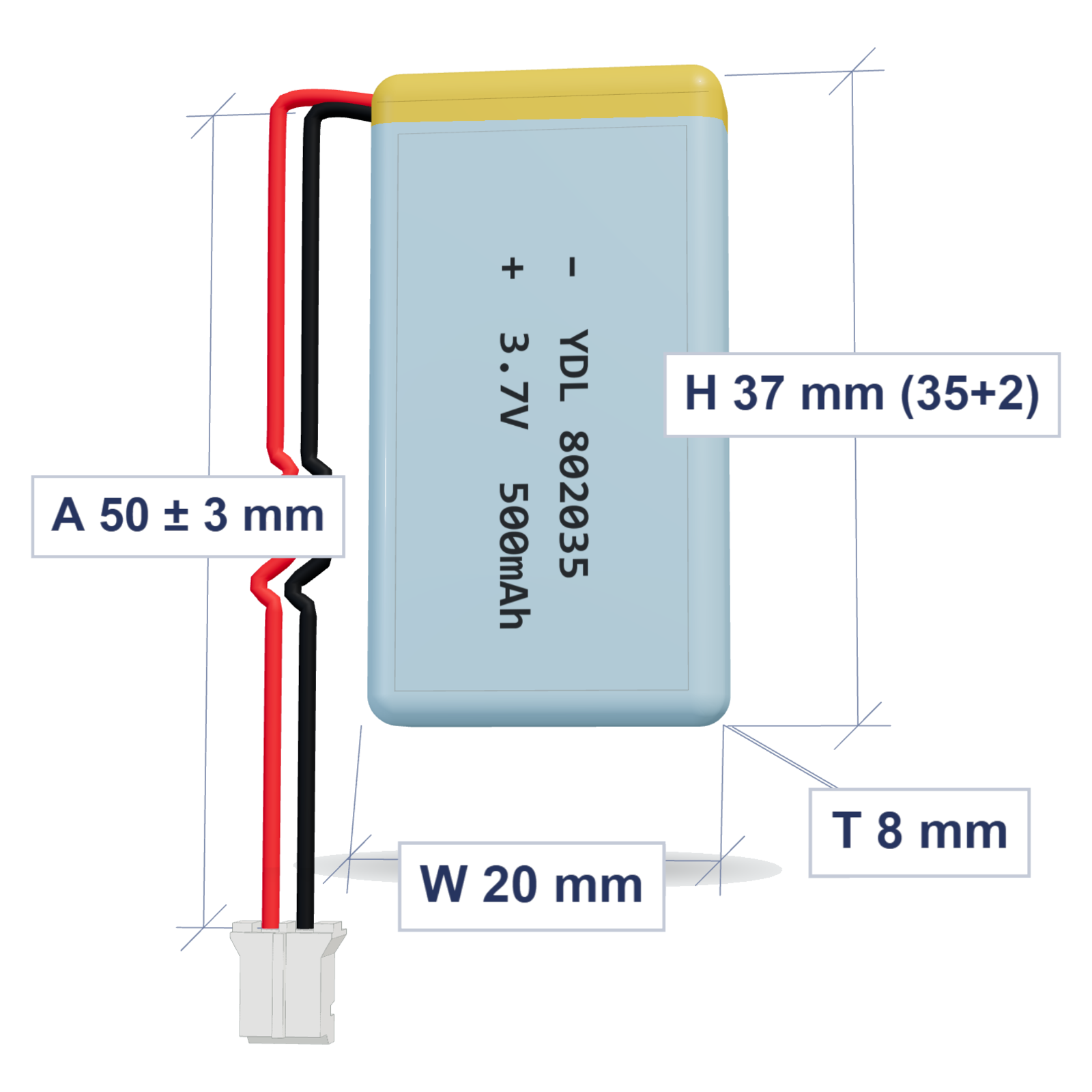 YDL 802035 500mAh 3.7V LiPo battery, 8x20x37mm, PH2.0 connector, 50mm 28AWG leads