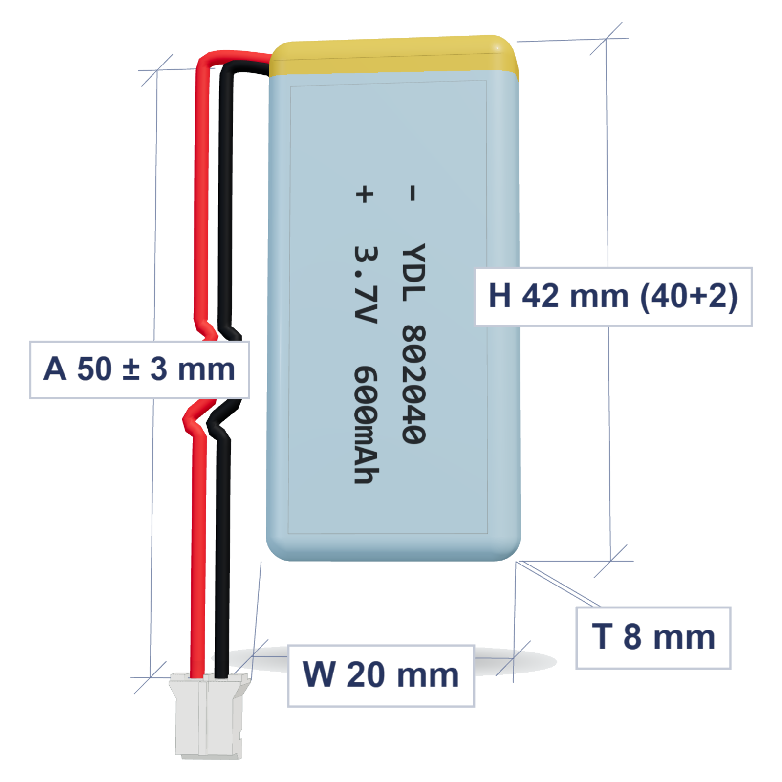 YDL 802040 600mAh 3.7V LiPo battery, 8x20x42mm, PH2.0 connector, 50mm 26AWG leads