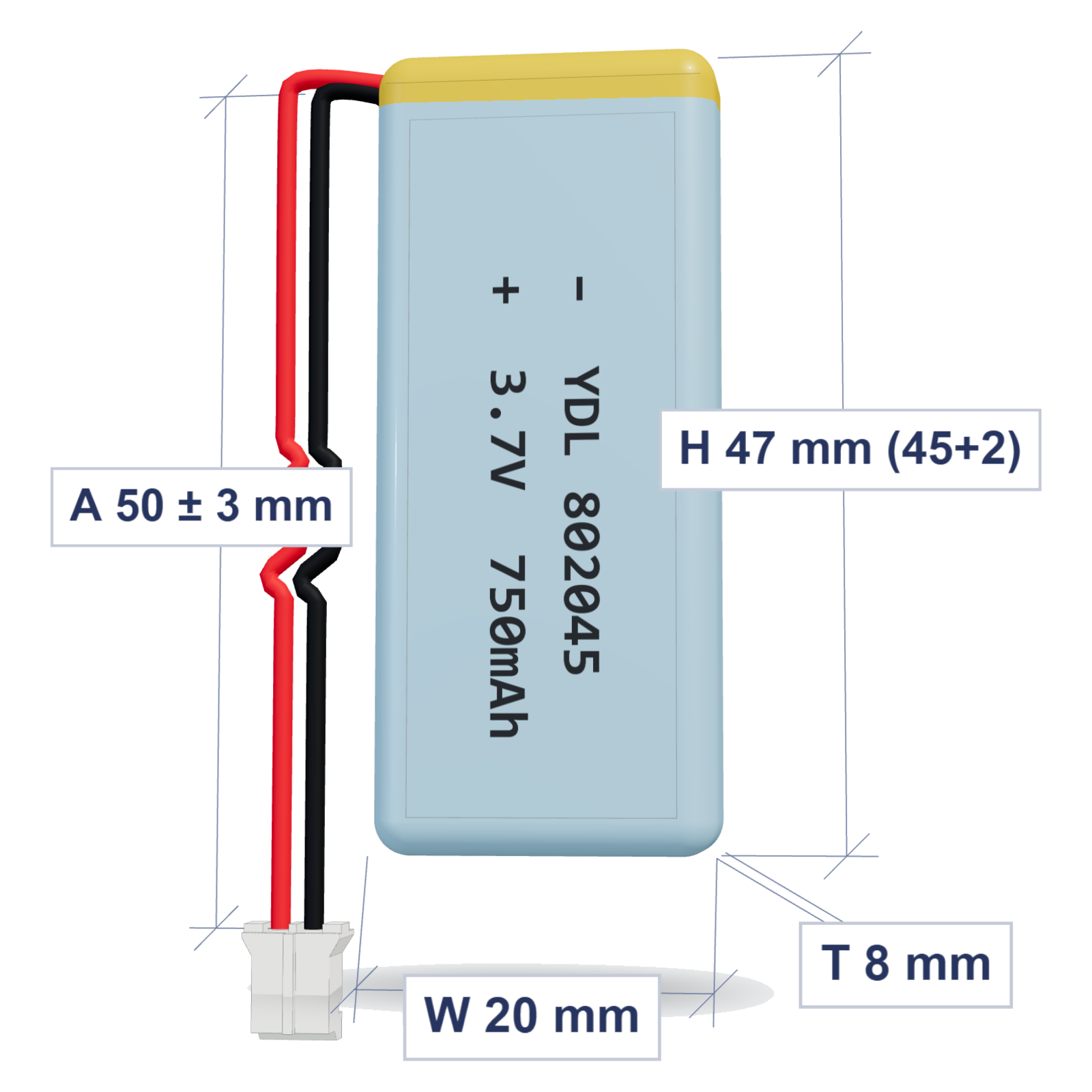 YDL 802045 750mAh 3.7V lithium polymer battery 8x20x47mm with PH2.0 connector and 50mm 26AWG wire, dimensioned 3D view