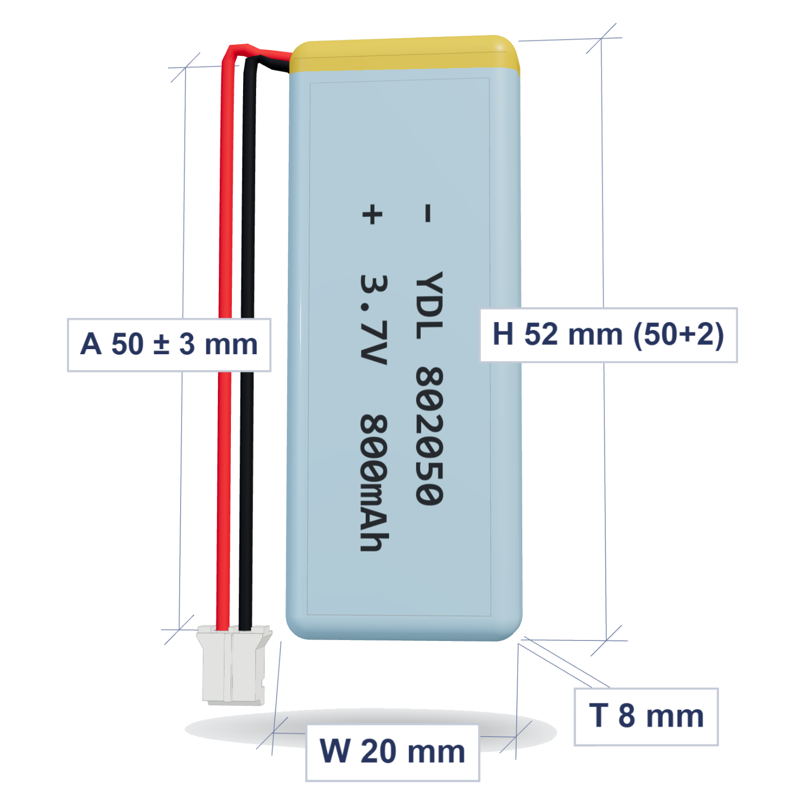 YDL 802050 800mAh 3.7V LiPo battery, 8x20x52mm, PH2.0 connector, 50mm 26AWG leads