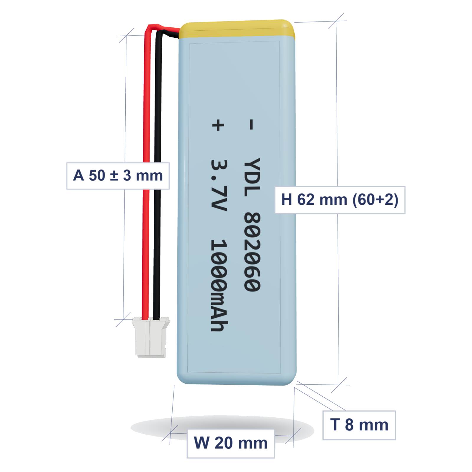 YDL 802060 1000mAh 3.7V LiPo battery, 8x20x62mm, PH2.0 connector, 50mm 26AWG leads