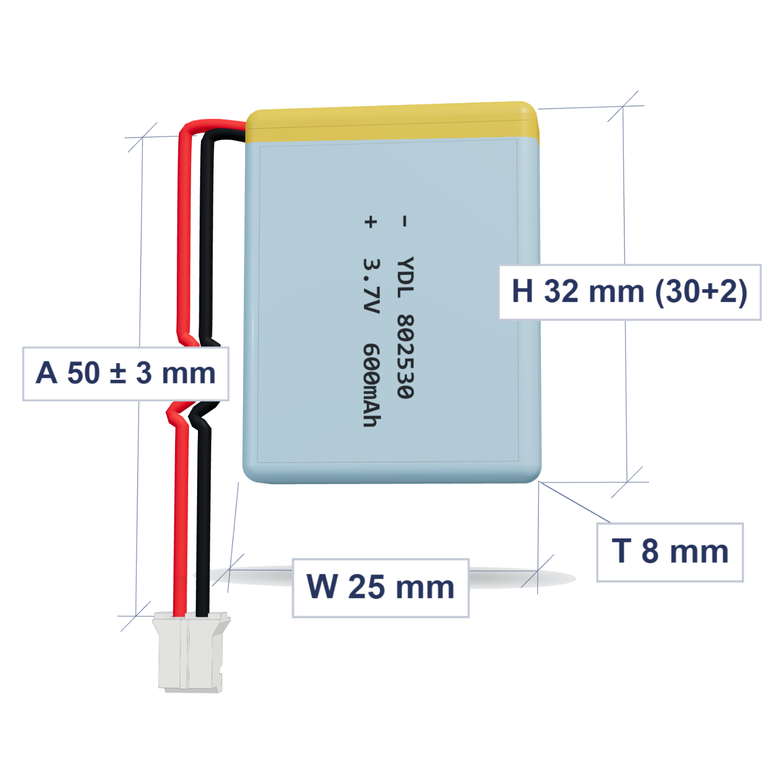 YDL 802530 600mAh 3.7V LiPo battery, 8x25x32mm, PH2.0 connector, 50mm 26AWG leads