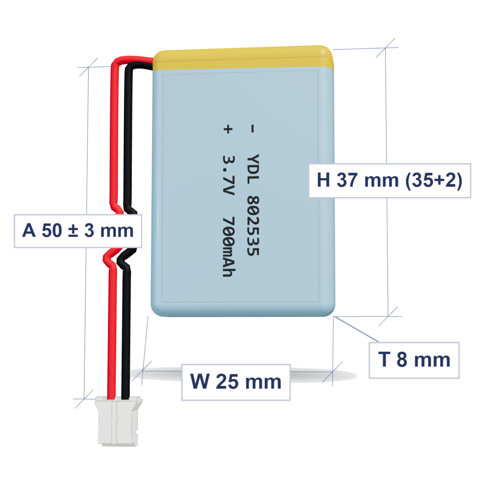 YDL 802535 700mAh 3.7V LiPo battery, 8x25x37mm, PH2.0 connector, 50mm 26AWG leads