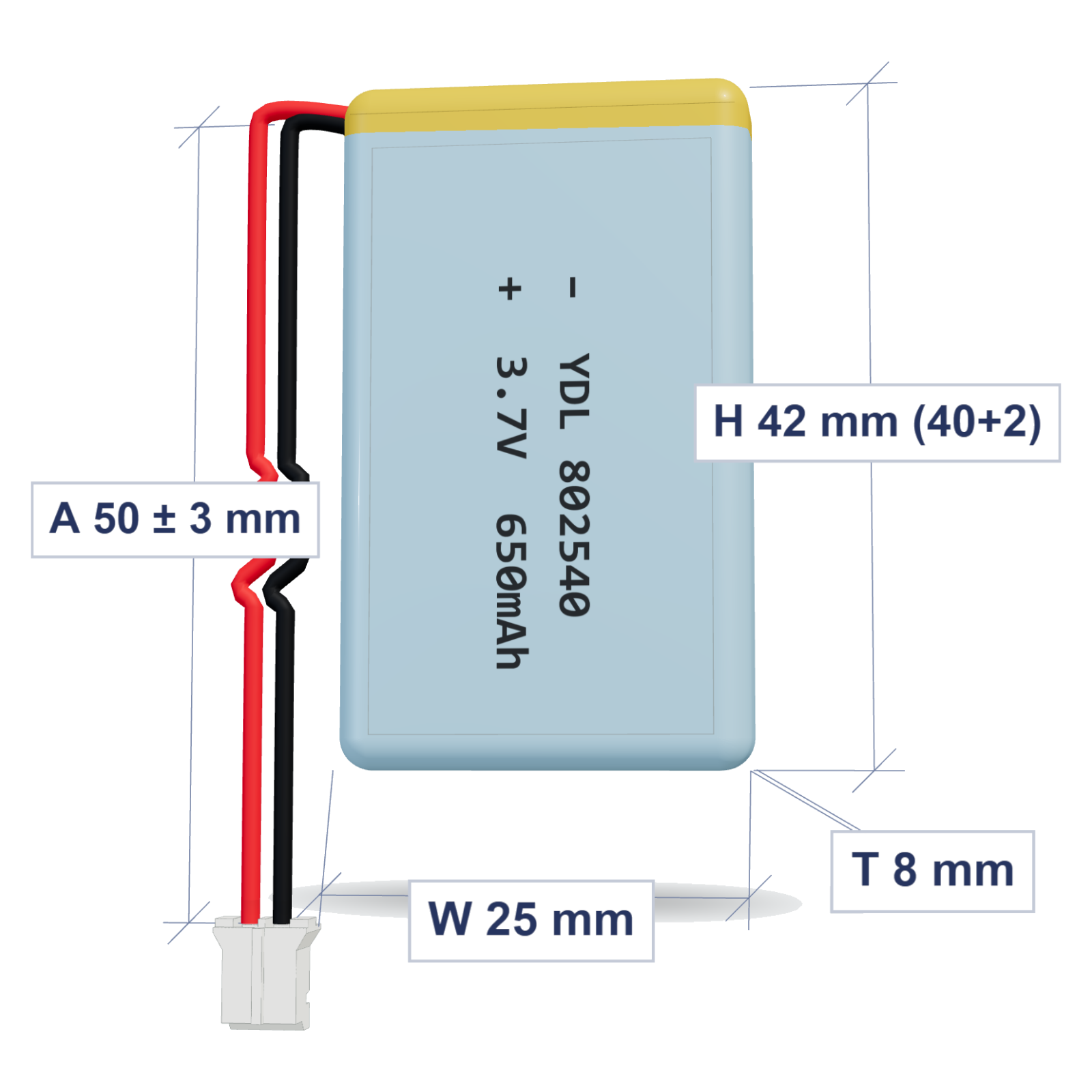YDL 802540 650mAh dimensions 8x25x42mm, 50mm 26AWG leads