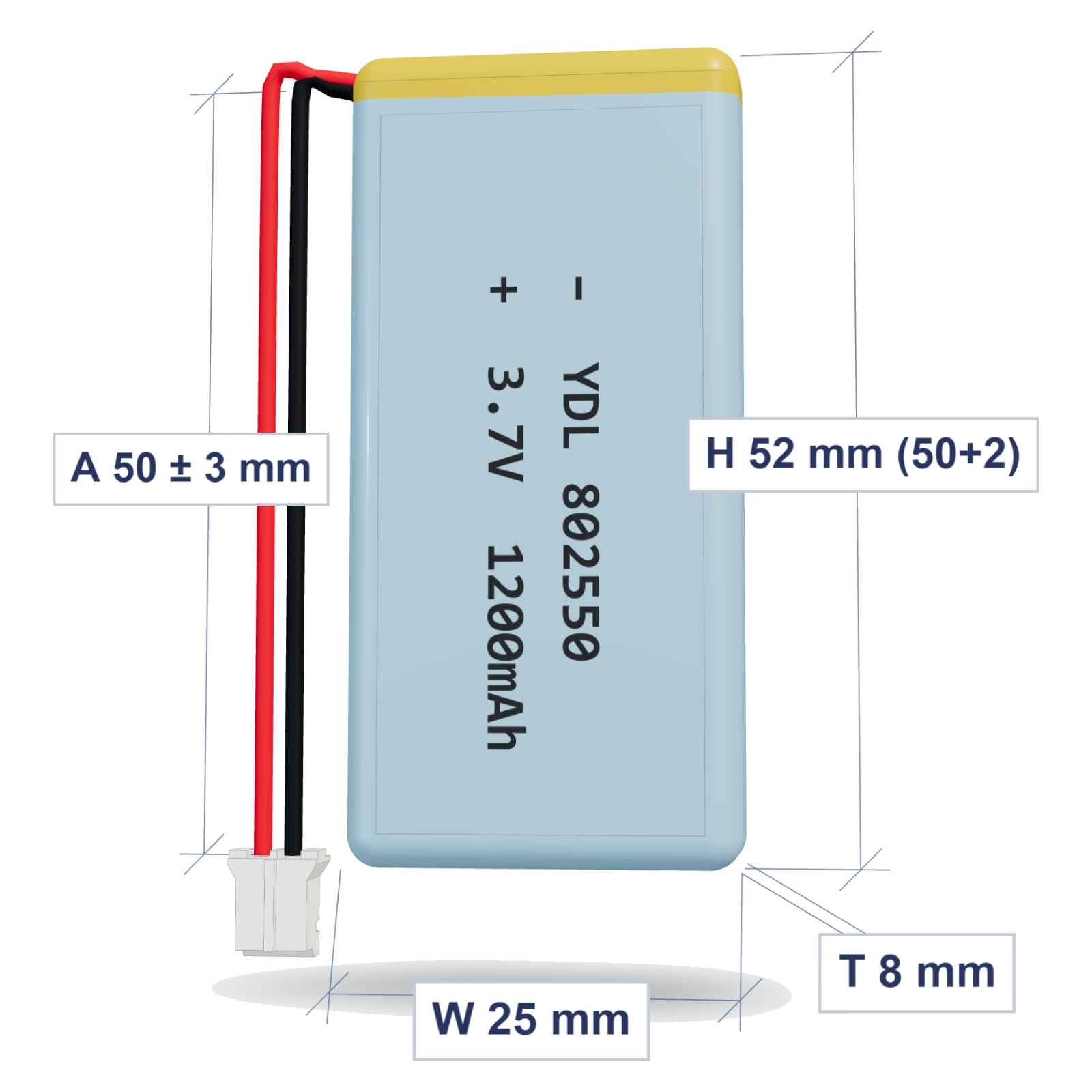 YDL 802550 1200mAh 3.7V LiPo battery, 8x25x52mm, PH2.0 connector, 50mm 26AWG leads