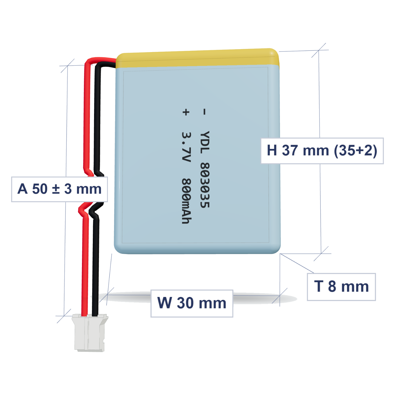 YDL 803035 800mAh 3.7V LiPo battery, 8x30x37mm, PH2.0 connector, 50mm 26AWG leads