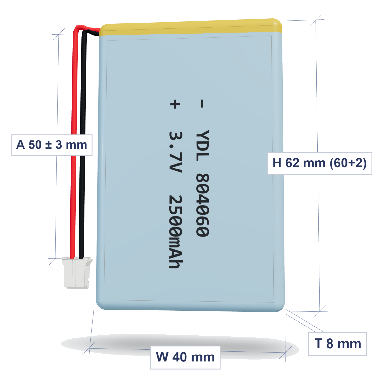 YDL 804060 2500mAh 3.7V lithium polymer battery 8x40x62mm with PH2.0 connector and 50mm 26AWG wire, dimensioned 3D view