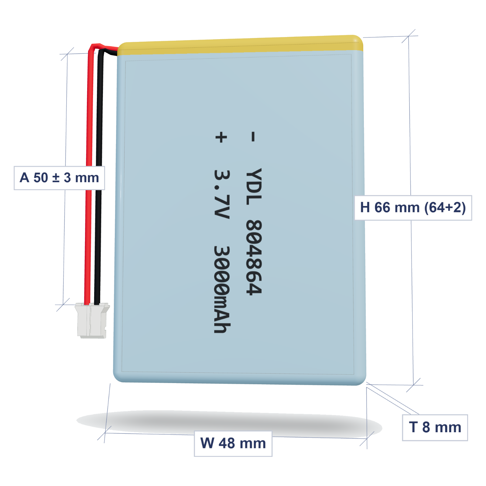 YDL 804864 3000mAh dimensions 8x48x66mm, 50mm 26AWG leads
