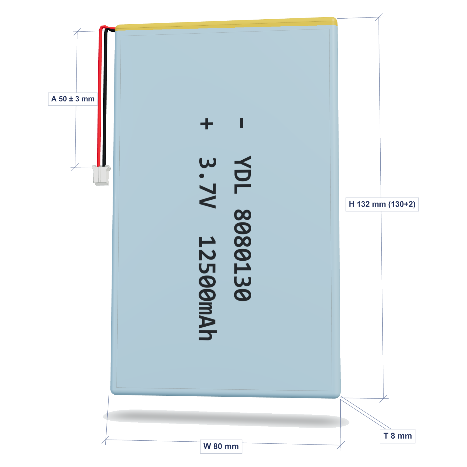 YDL 8080130 12500mAh dimensions 8x80x132mm, 50mm 26AWG leads