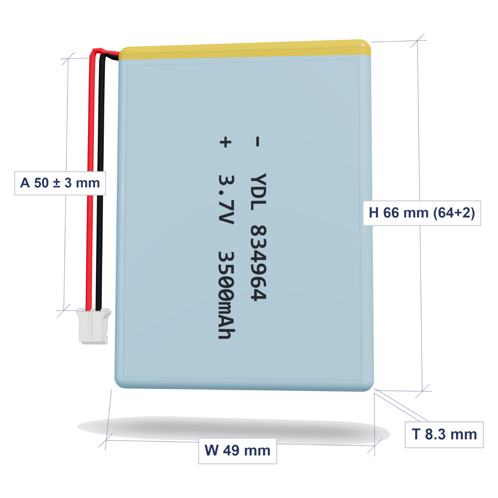 YDL 834964 3500mAh 3.7V lithium polymer battery 8.3x49x66mm with PH2.0 connector and 50mm 26AWG wire, dimensioned 3D view