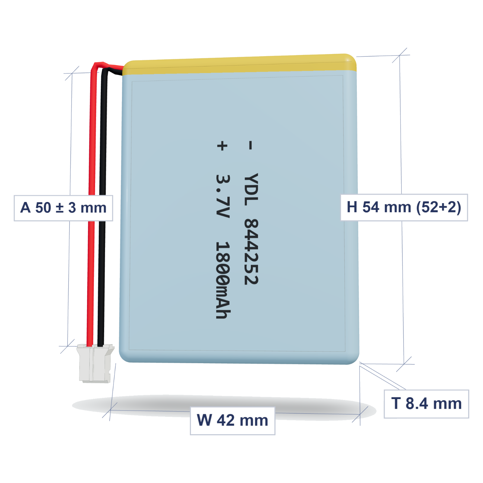 YDL 844252 1800mAh dimensions 8.4x42x54mm, 50mm 26AWG leads