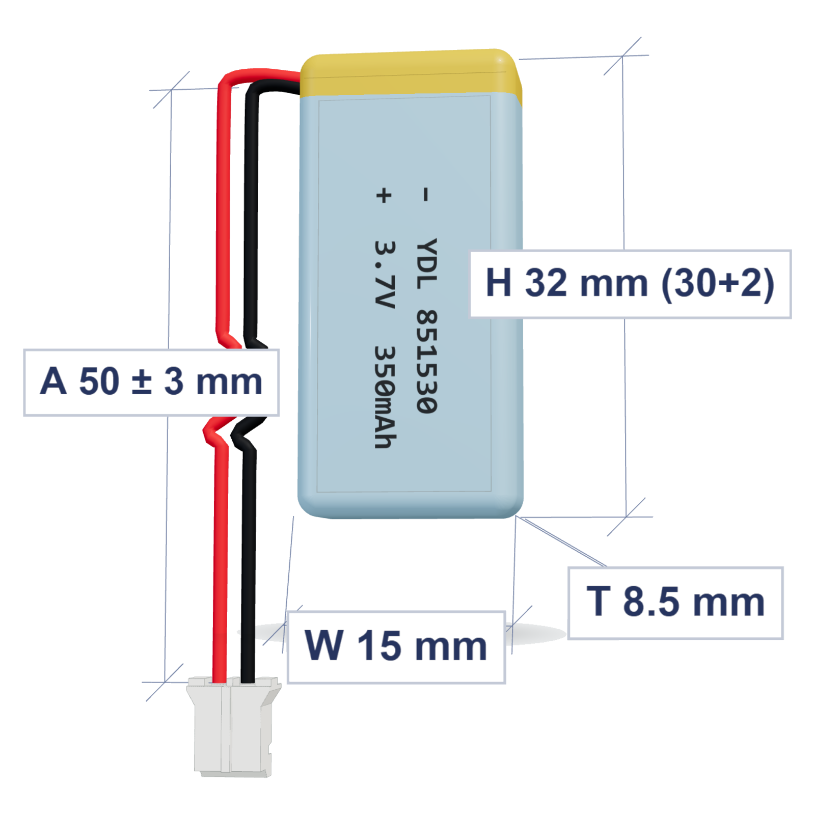 YDL 851530 350mAh 3.7V LiPo battery, 8.5x15x32mm, PH2.0 connector, 50mm 28AWG leads
