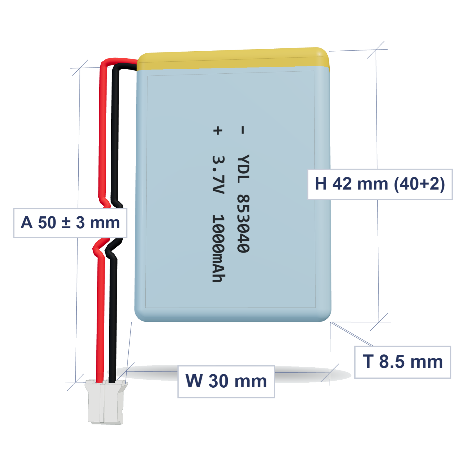 YDL 853040 1000mAh dimensions 8.5x30x42mm, 50mm 26AWG leads