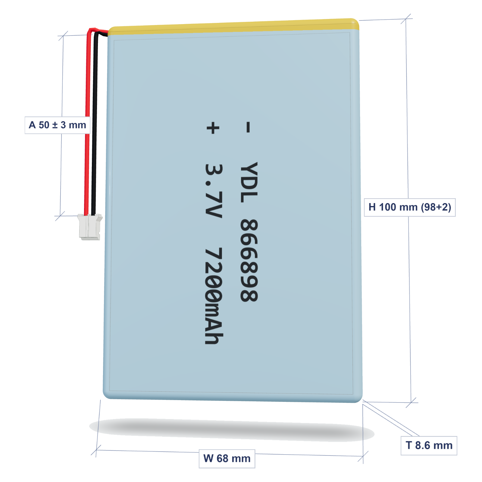 YDL 866898 7200mAh dimensions 8.6x68x100mm, 50mm 26AWG leads