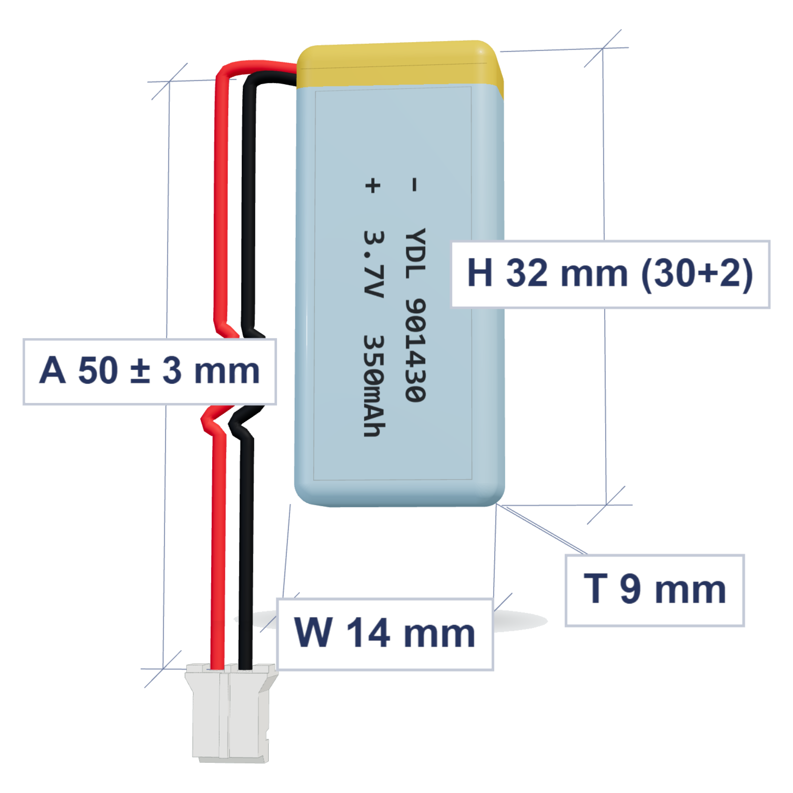 YDL 901430 350mAh 3.7V LiPo battery, 9x14x32mm, PH2.0 connector, 50mm 28AWG leads