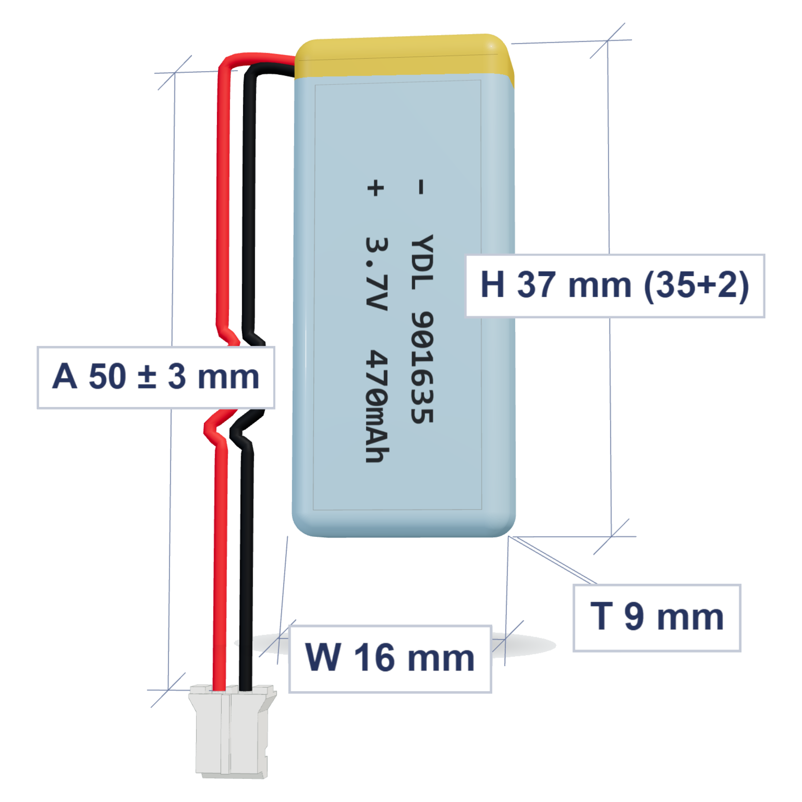 YDL 901635 470mAh 3.7V LiPo battery, 9x16x37mm, PH2.0 connector, 50mm 28AWG leads