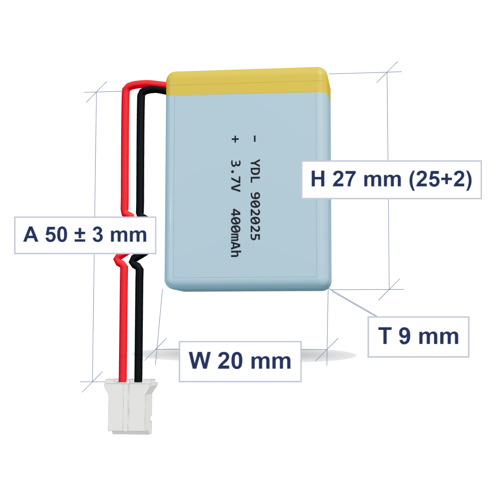YDL 902025 400mAh 3.7V lithium polymer battery 9x20x27mm with PH2.0 connector and 50mm 28AWG wire, dimensioned 3D view