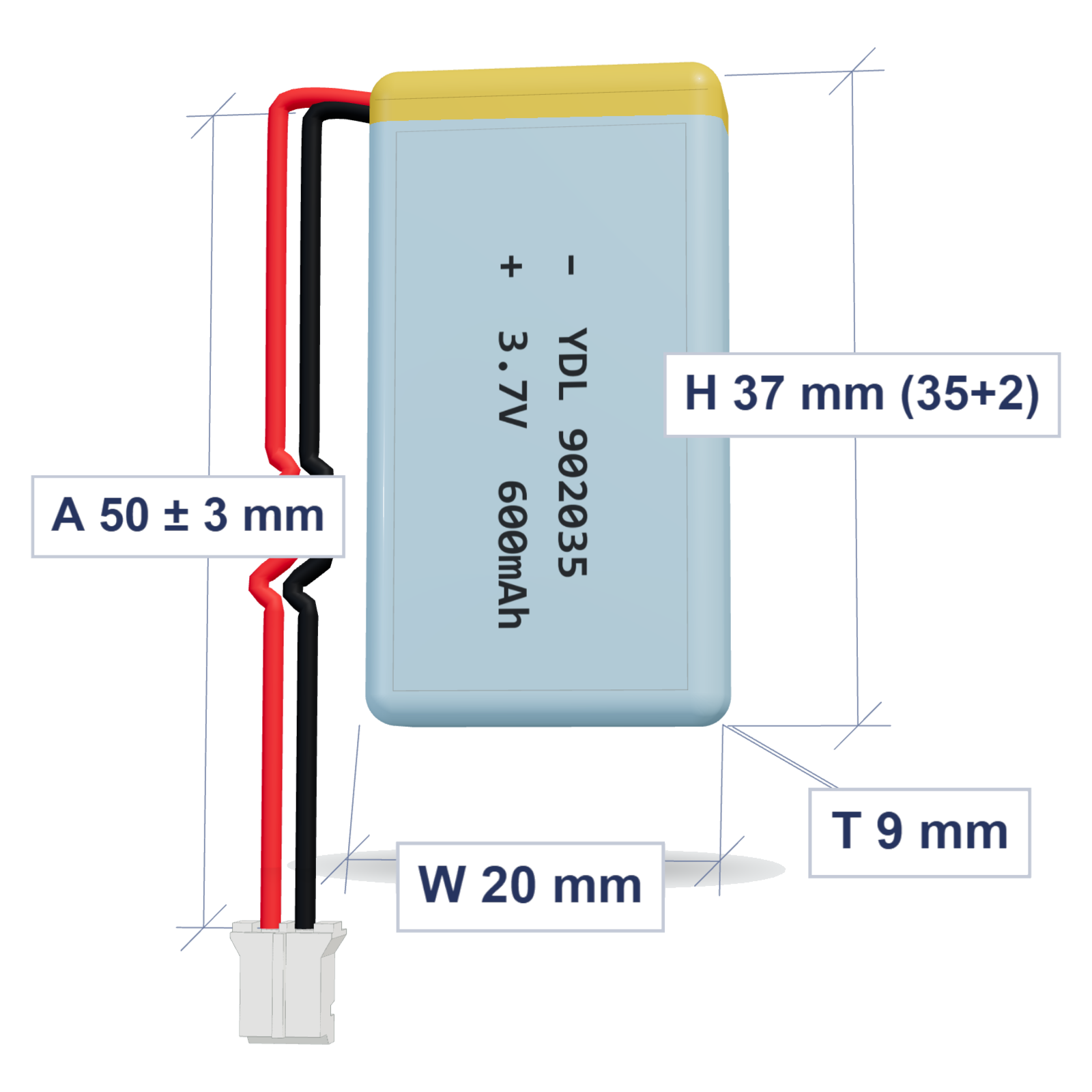 YDL 902035 600mAh 3.7V LiPo battery, 9x20x37mm, PH2.0 connector, 50mm 26AWG leads