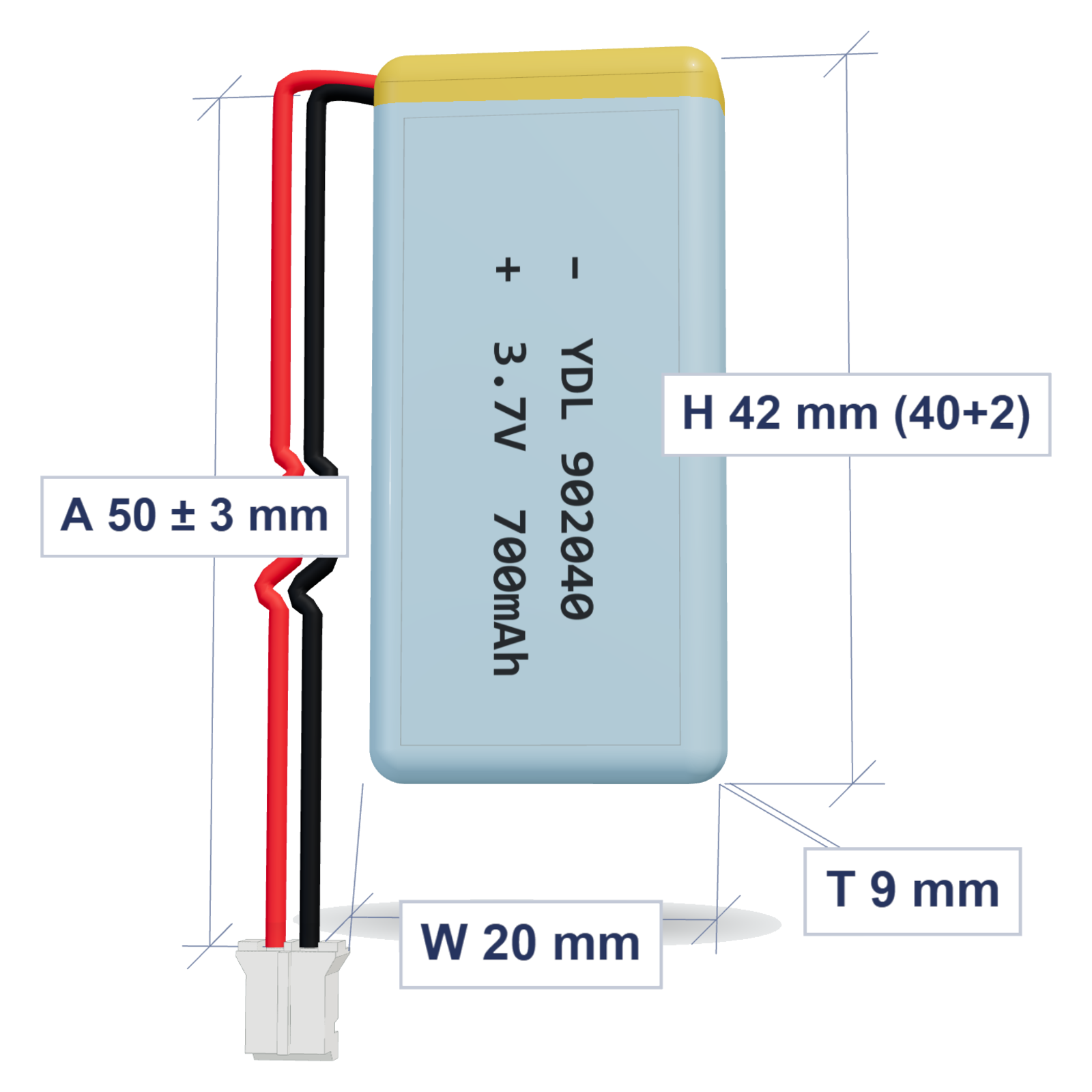 YDL 902040 700mAh 3.7V LiPo battery, 9x20x42mm, PH2.0 connector, 50mm 26AWG leads