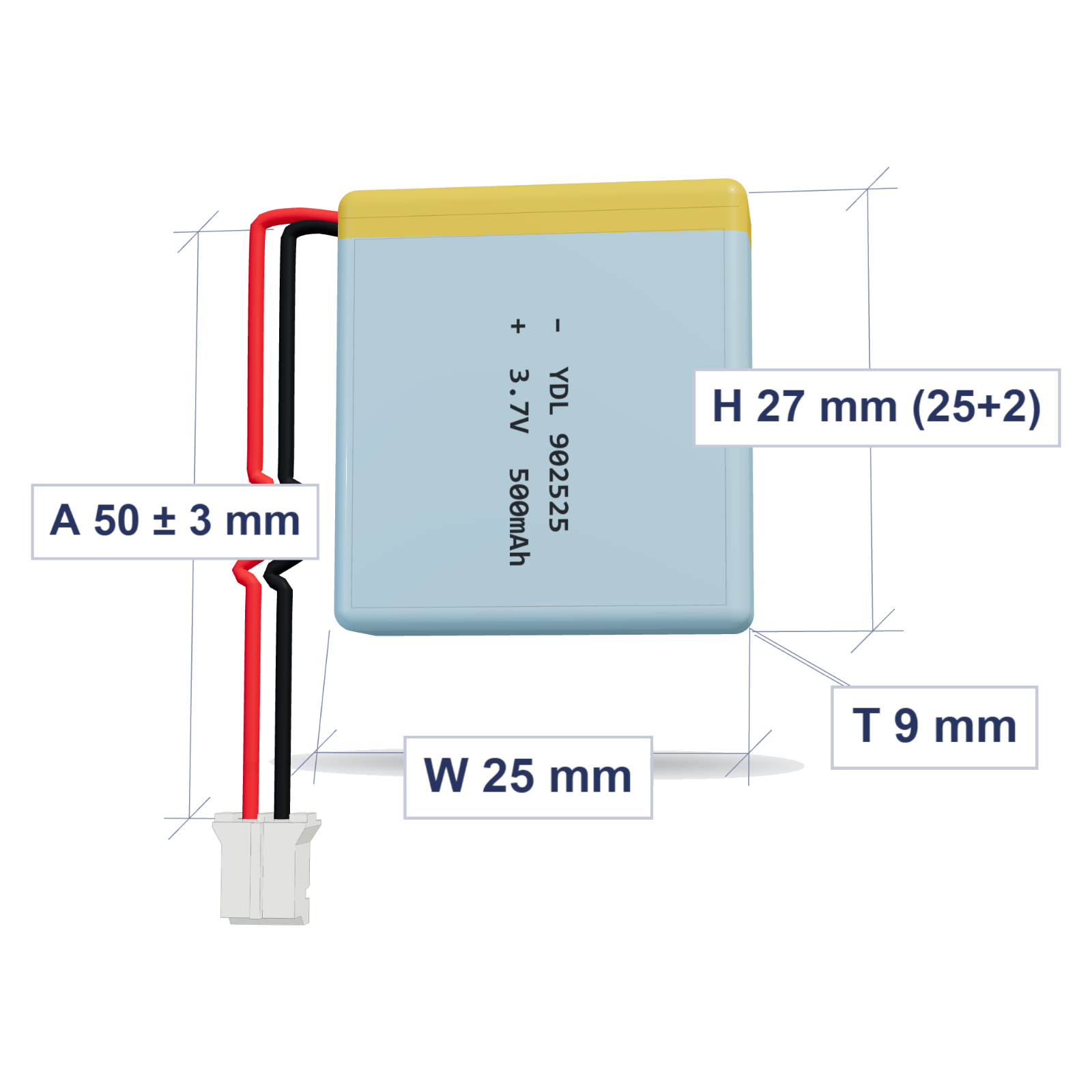 YDL 902525 500mAh 3.7V LiPo battery, 9x25x27mm, PH2.0 connector, 50mm 28AWG leads