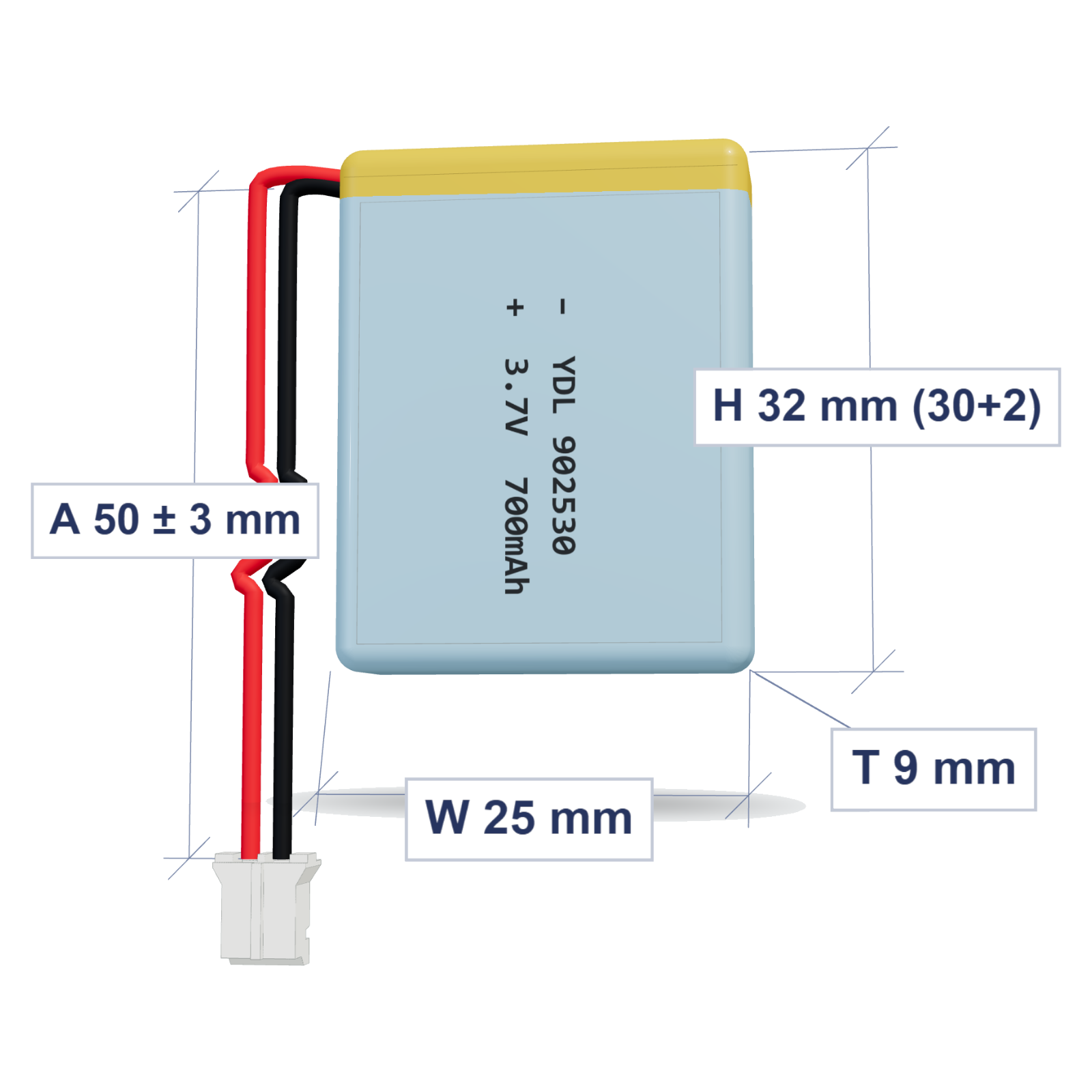 YDL 902530 700mAh 3.7V LiPo battery, 9x25x32mm, PH2.0 connector, 50mm 26AWG leads