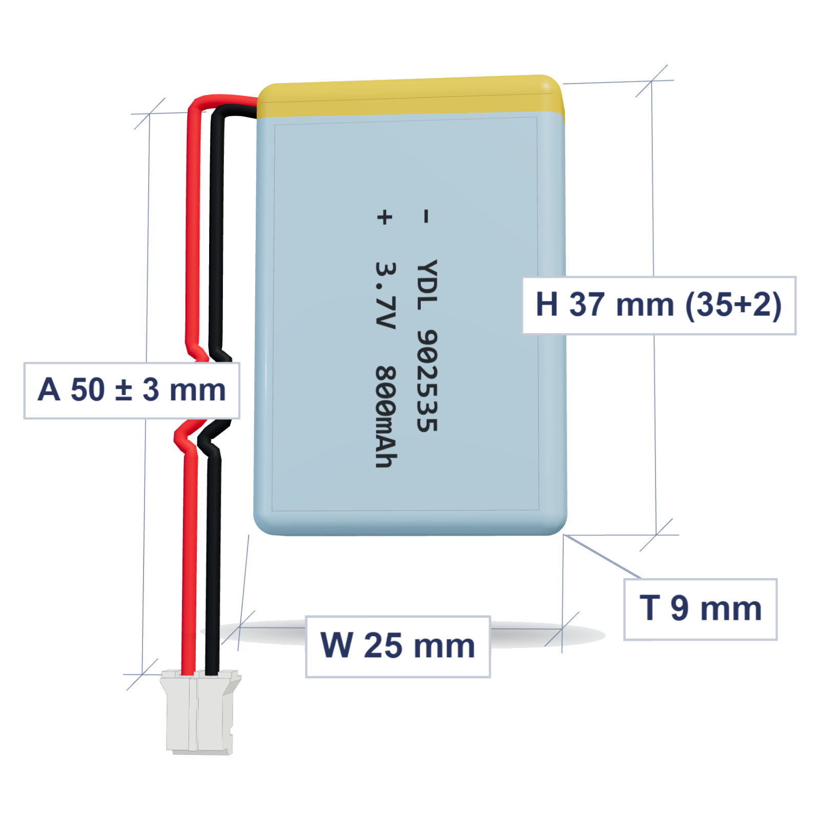 YDL 902535 800mAh 3.7V LiPo battery, 9x25x37mm, PH2.0 connector, 50mm 26AWG leads