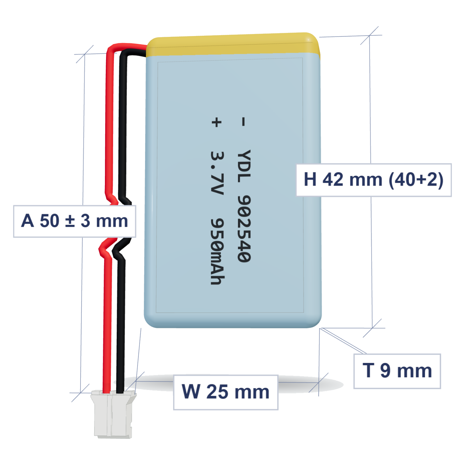 YDL 902540 950mAh 3.7V LiPo battery, 9x25x42mm, PH2.0 connector, 50mm 26AWG leads