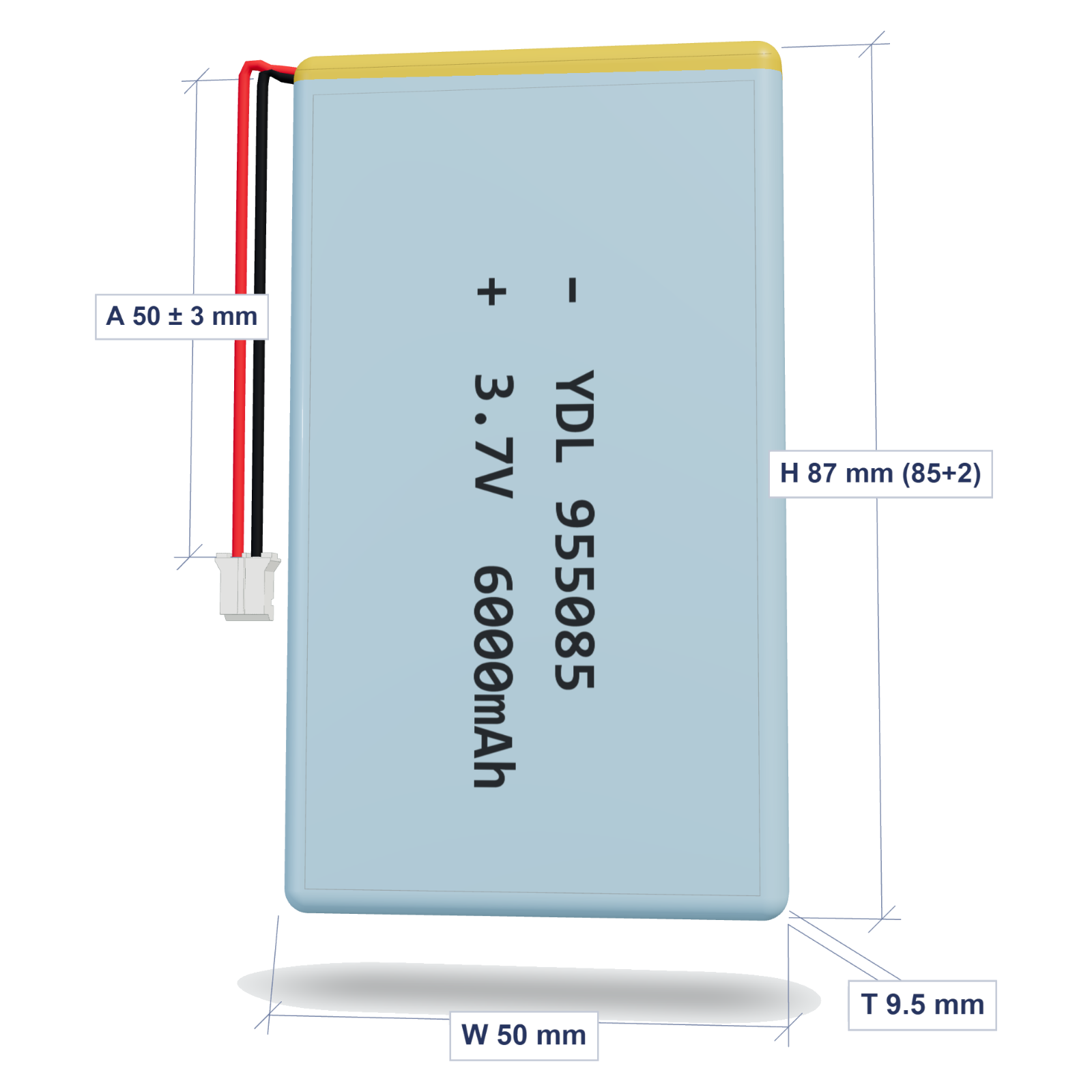 YDL 955085 6000mAh 3.7V LiPo battery, 9.5x50x87mm, PH2.0 connector, 50mm 26AWG leads