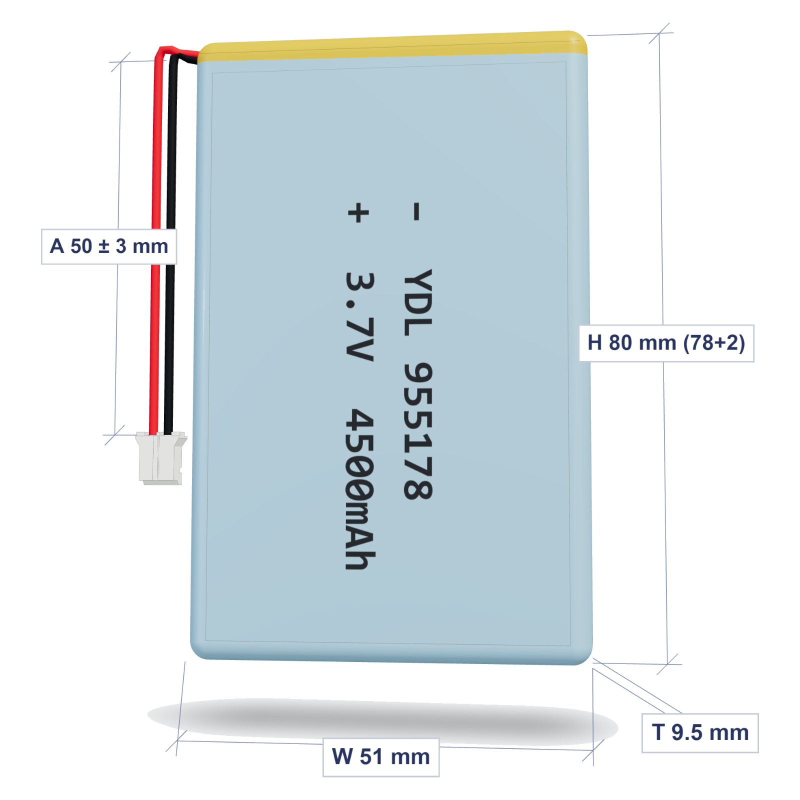YDL 955178 4500mAh dimensions 9.5x51x80mm, 50mm 26AWG leads