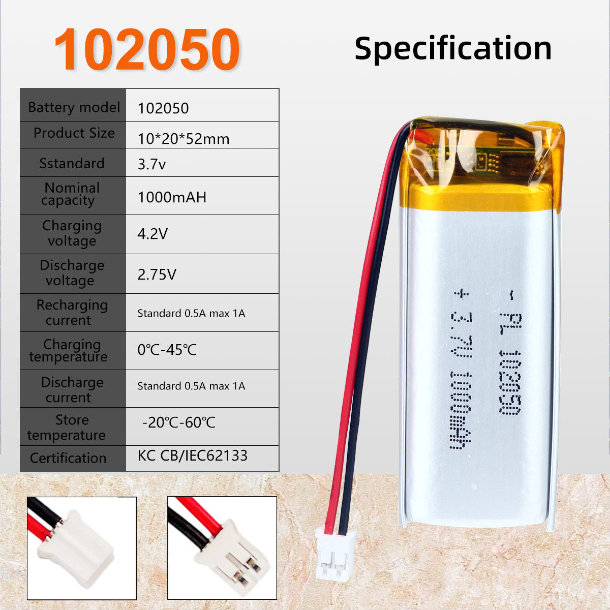 Batterie lithium polymère 3.7V 102050 1000mAh