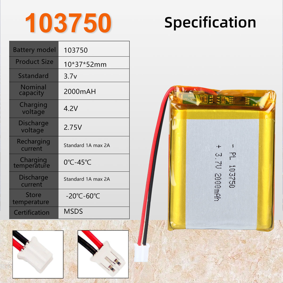 3.7V 2000mAh 103750 Batterie lithium-polymère rechargeable Longueur 52mm