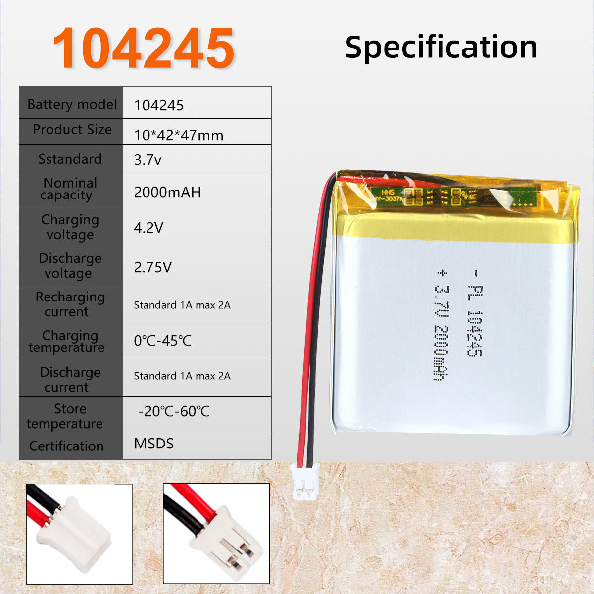 3.7V 2000mAh 104245 Rechargeable Lithium Polymer Battery